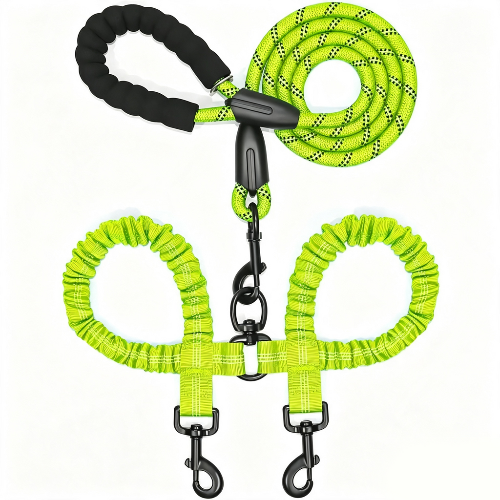 Y-Shaped Dual Dog Leash | Shock Absorbing Reflective Two Dog Walking Leash with 360° No Tangle Swivel & Padded Handle
