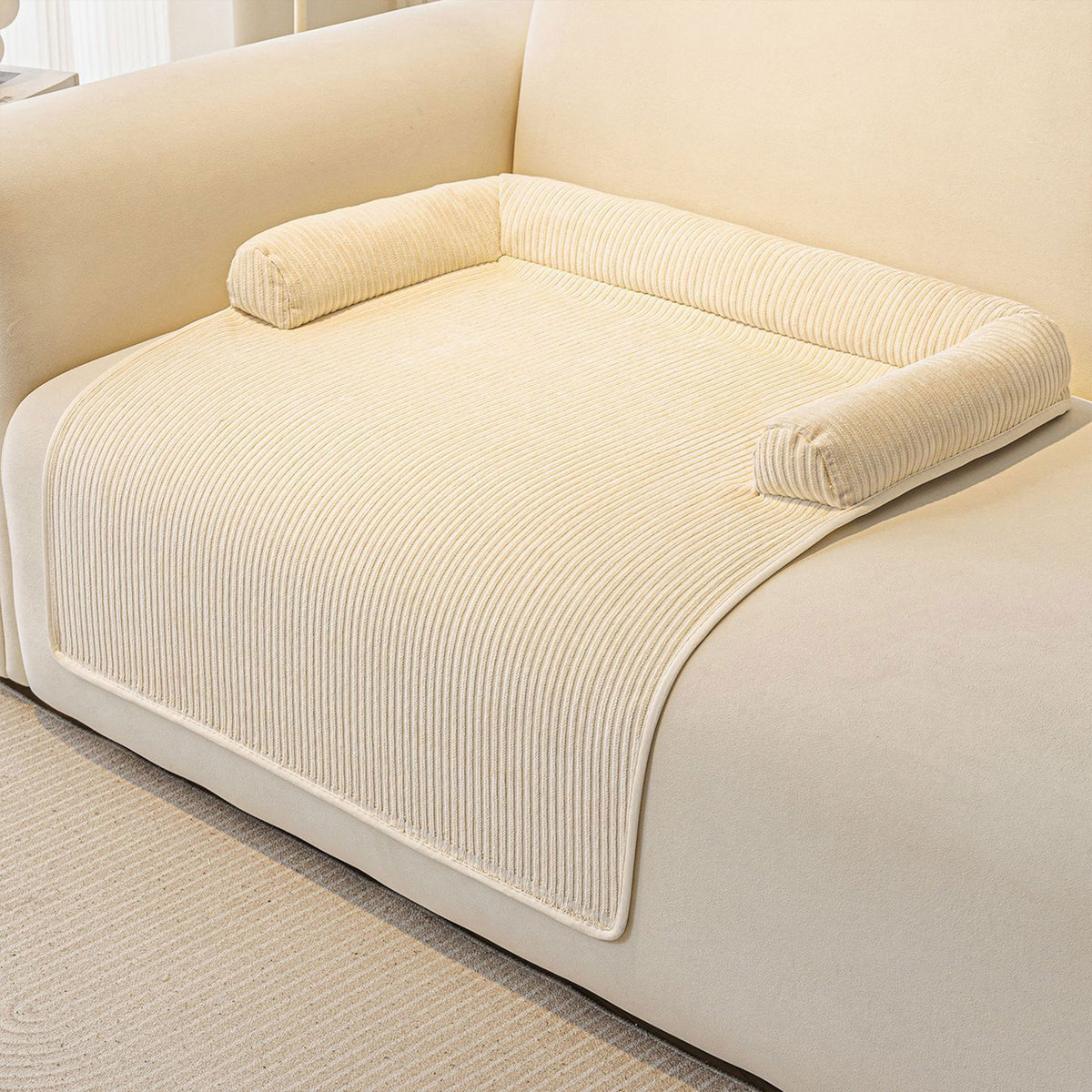 Pet Couch Bed Mat — Corduroy Dog Sofa Cover with Bolster, Non-Slip & Washable