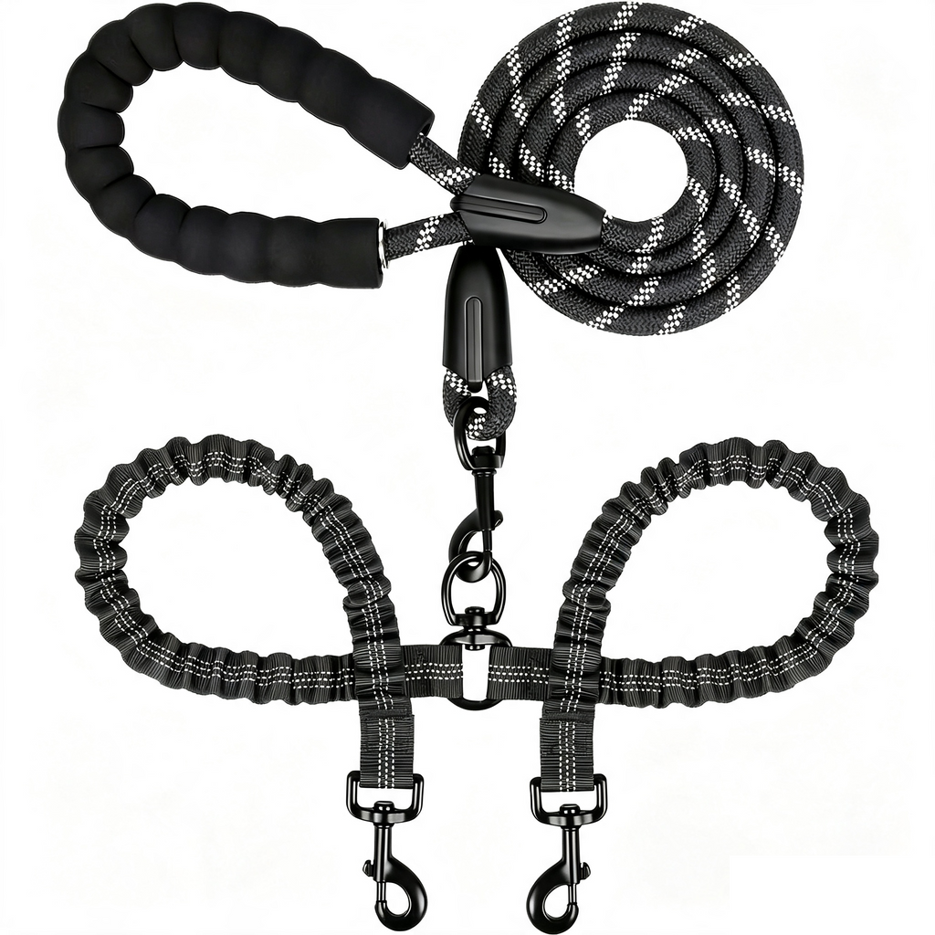Y-Shaped Dual Dog Leash | Shock Absorbing Reflective Two Dog Walking Leash with 360° No Tangle Swivel & Padded Handle