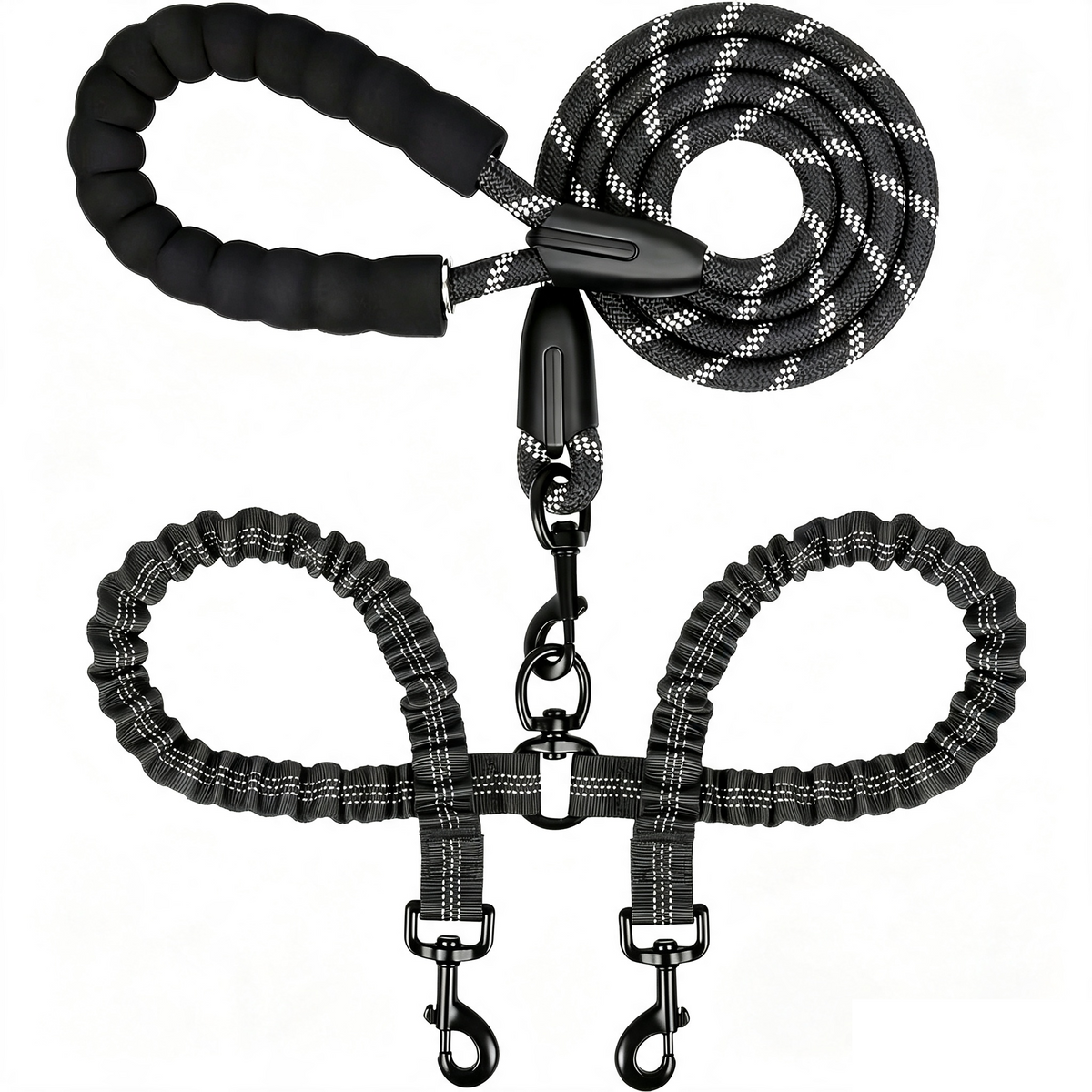 Y-Shaped Dual Dog Leash | Shock Absorbing Reflective Two Dog Walking Leash with 360° No Tangle Swivel & Padded Handle
