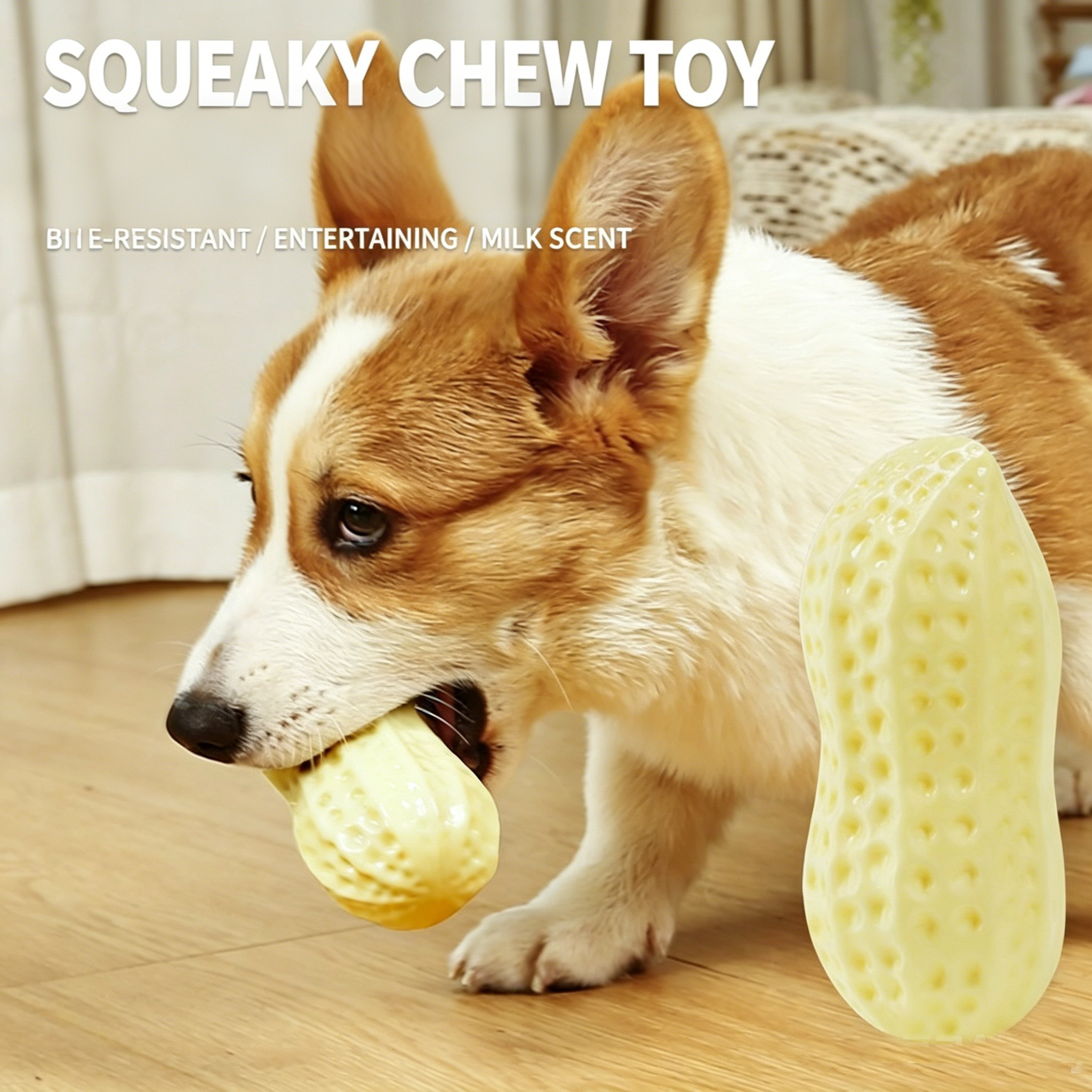 Squeaky Peanut Dog Chew Toy, Non‑Toxic Food‑Safe TPR Milk‑Scented Teething Toy, Interactive Dental Care Toy for Puppy Small Medium Large Dogs