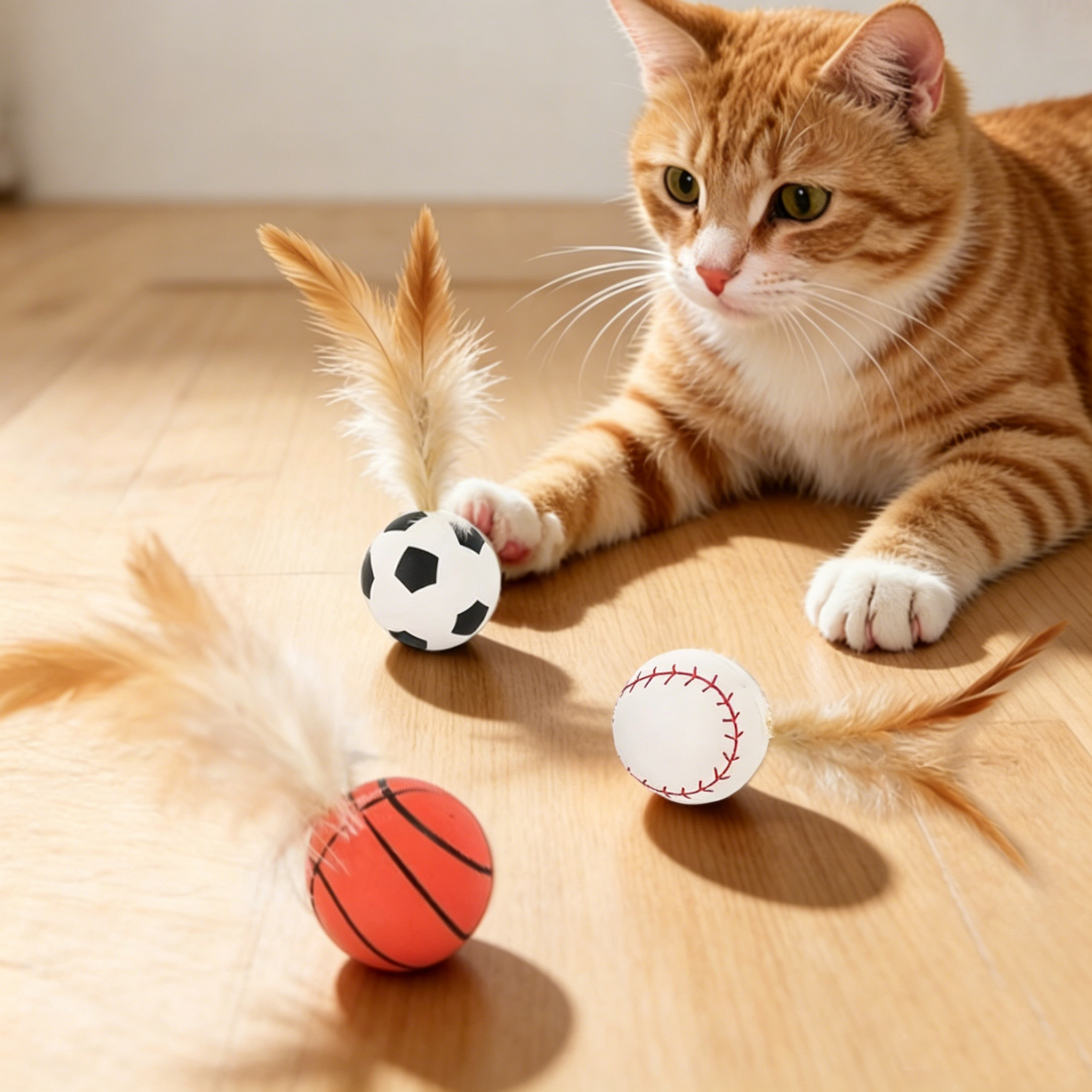 Sports‑Style Feather Bouncy Ball Cat Toy 4‑Pack｜Silent Interactive Kitten Play Teaser Toy