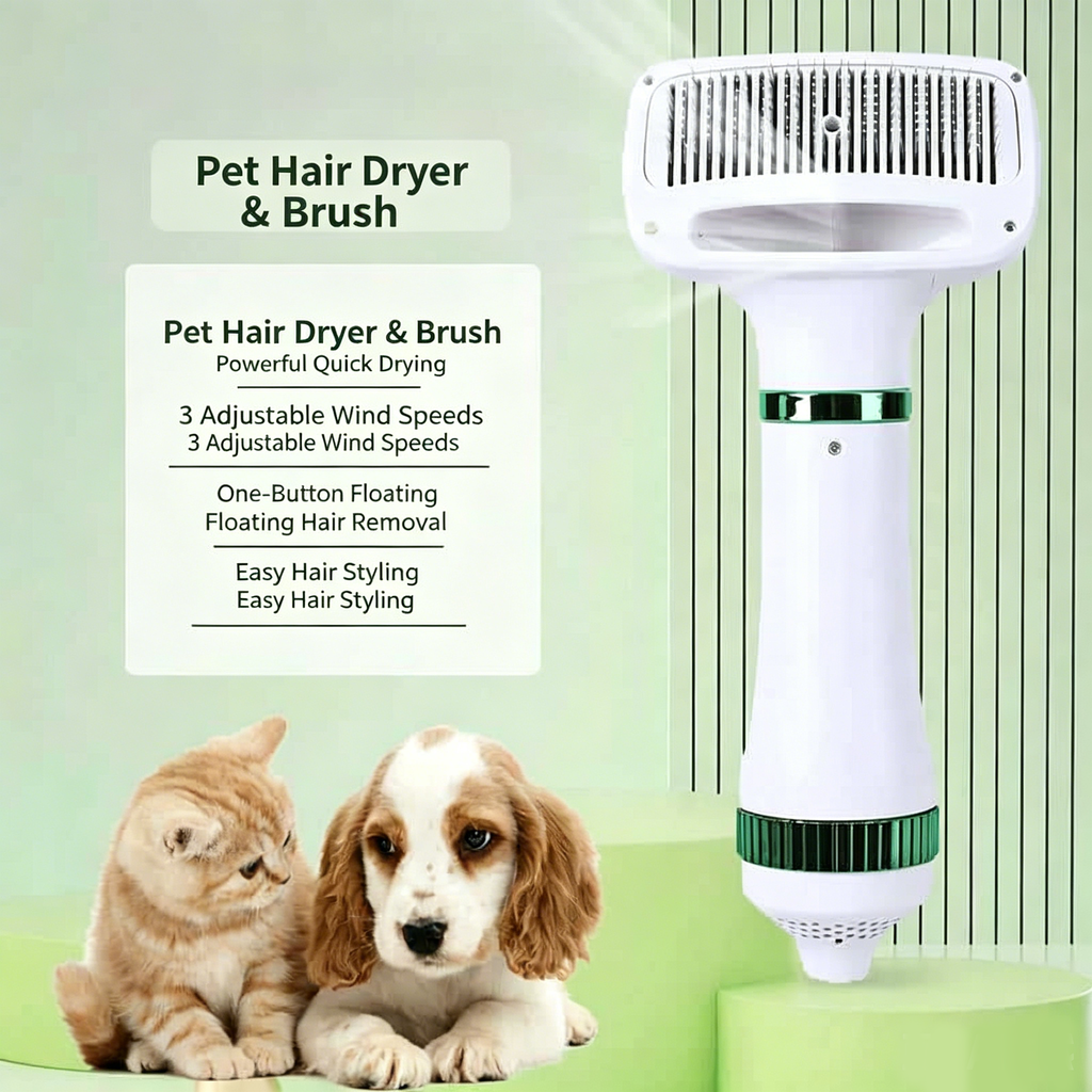 2‑in‑1 Pet Hair Dryer Brush, 300W Low‑Noise Hot Air Grooming Comb, 3 Speed Adjustable, Detangling & Drying Brush for Dogs & Cats, 110‑230V Multi‑Plug