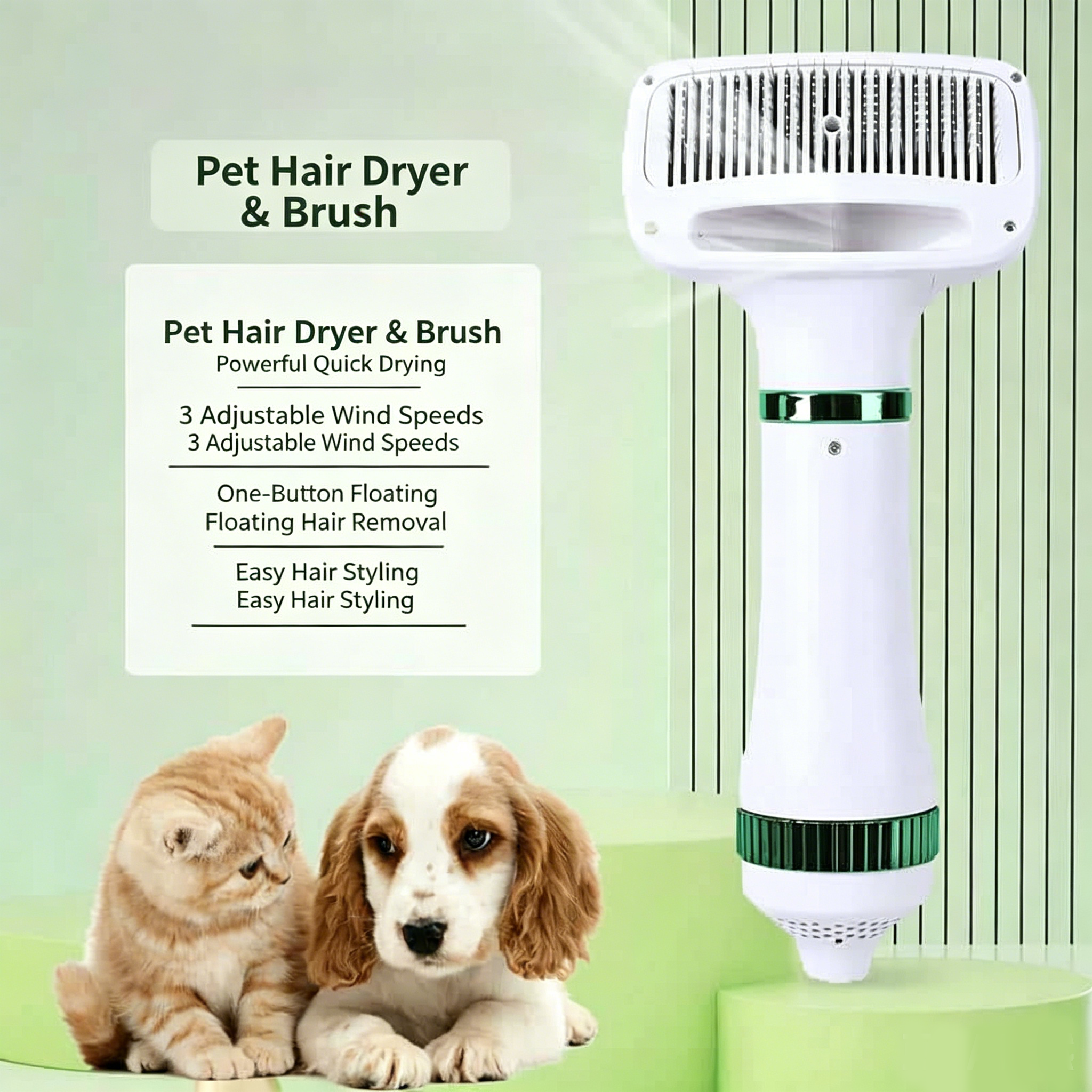 2‑in‑1 Pet Hair Dryer Brush, 300W Low‑Noise Hot Air Grooming Comb, 3 Speed Adjustable, Detangling & Drying Brush for Dogs & Cats, 110‑230V Multi‑Plug
