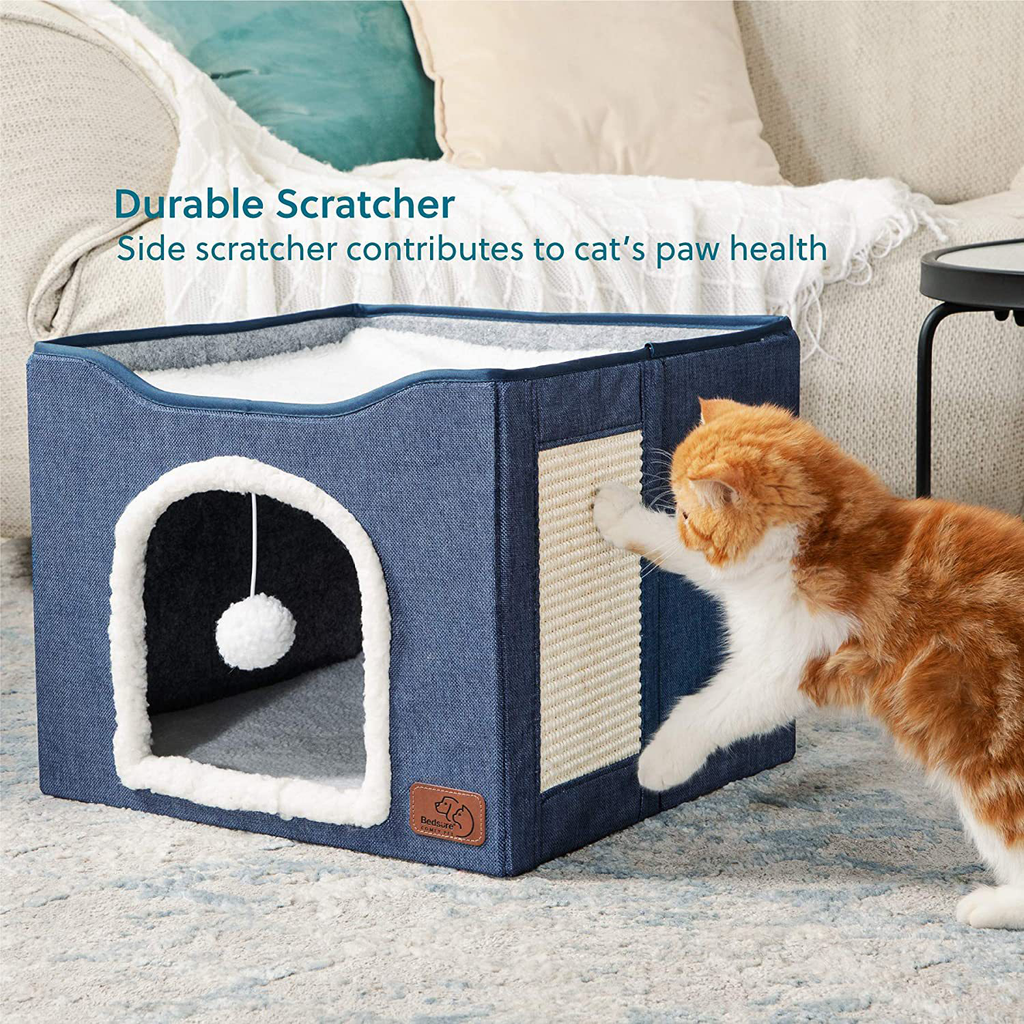 2‑Tier Foldable Cat House with Sisal Scratcher, Washable 2‑Story Cat Cube Bed, All‑Season Breathable Cat Condo