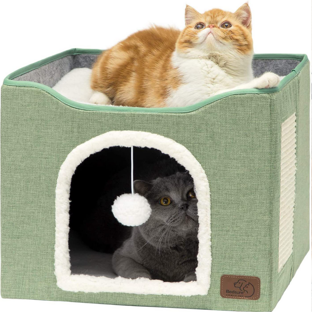 2‑Tier Foldable Cat House with Sisal Scratcher, Washable 2‑Story Cat Cube Bed, All‑Season Breathable Cat Condo