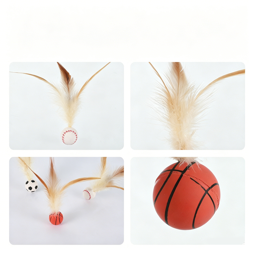 Sports‑Style Feather Bouncy Ball Cat Toy 4‑Pack｜Silent Interactive Kitten Play Teaser Toy