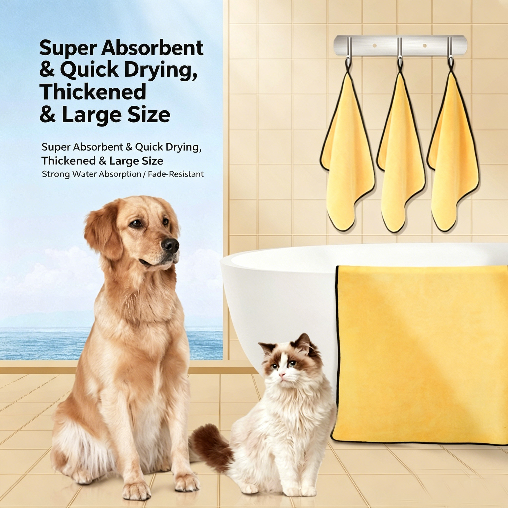 4 Pack Multi-Size Microfiber Pet Bath Towels, Thick Quick Dry Absorbent Towels for Dogs & Cats