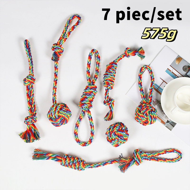 Rainbow Braided Cotton Rope Dog Chew Toy Sets, Multi Shape Interactive Play Toys for All Breeds Dogs