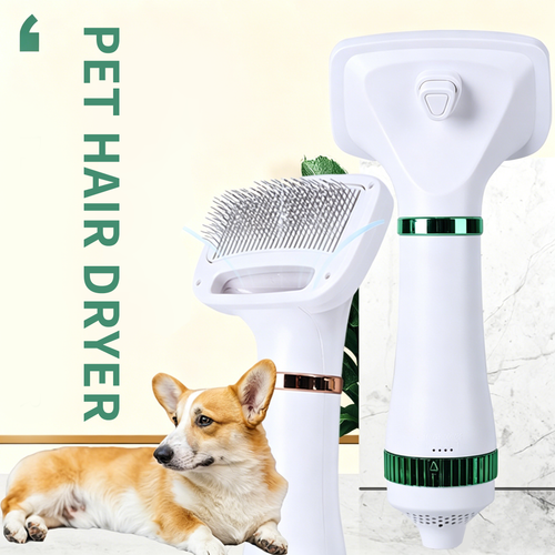 2‑in‑1 Pet Hair Dryer Brush, 300W Low‑Noise Hot Air Grooming Comb, 3 Speed Adjustable, Detangling & Drying Brush for Dogs & Cats, 110‑230V Multi‑Plug