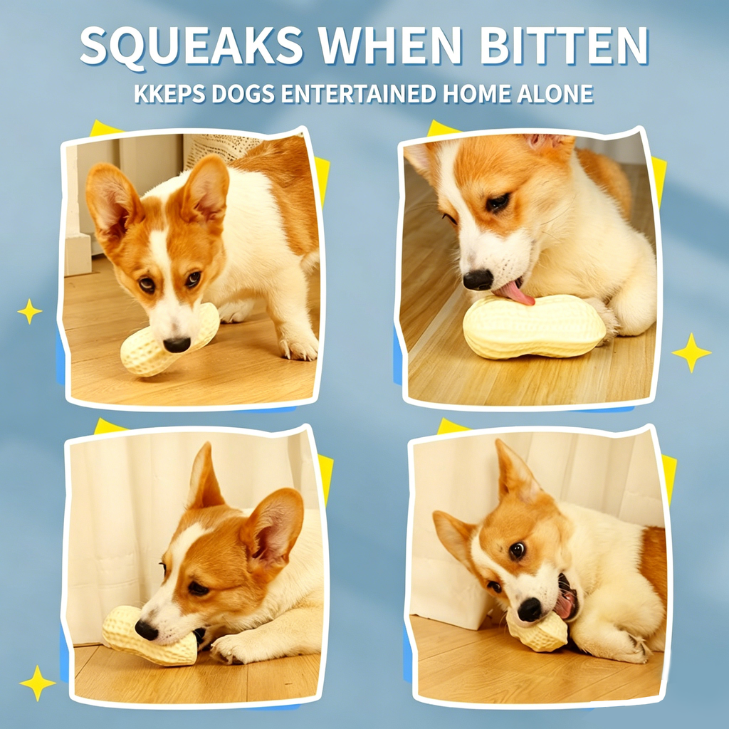 Squeaky Peanut Dog Chew Toy, Non‑Toxic Food‑Safe TPR Milk‑Scented Teething Toy, Interactive Dental Care Toy for Puppy Small Medium Large Dogs