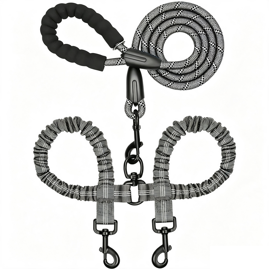 Y-Shaped Dual Dog Leash | Shock Absorbing Reflective Two Dog Walking Leash with 360° No Tangle Swivel & Padded Handle