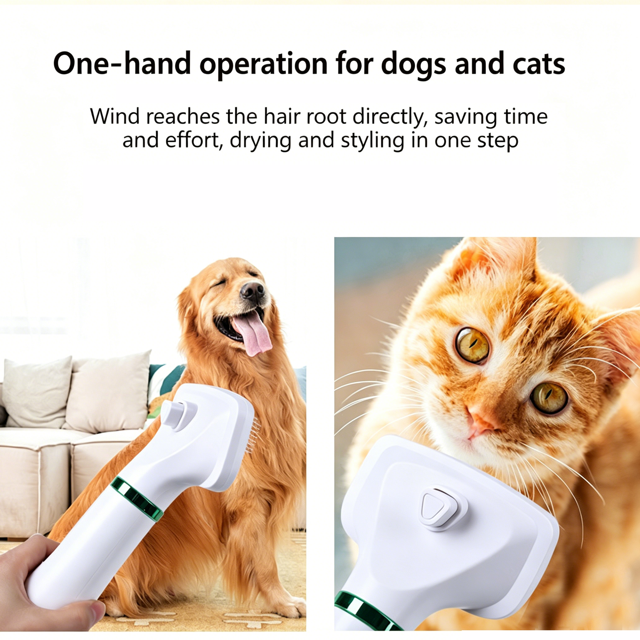 2‑in‑1 Pet Hair Dryer Brush, 300W Low‑Noise Hot Air Grooming Comb, 3 Speed Adjustable, Detangling & Drying Brush for Dogs & Cats, 110‑230V Multi‑Plug