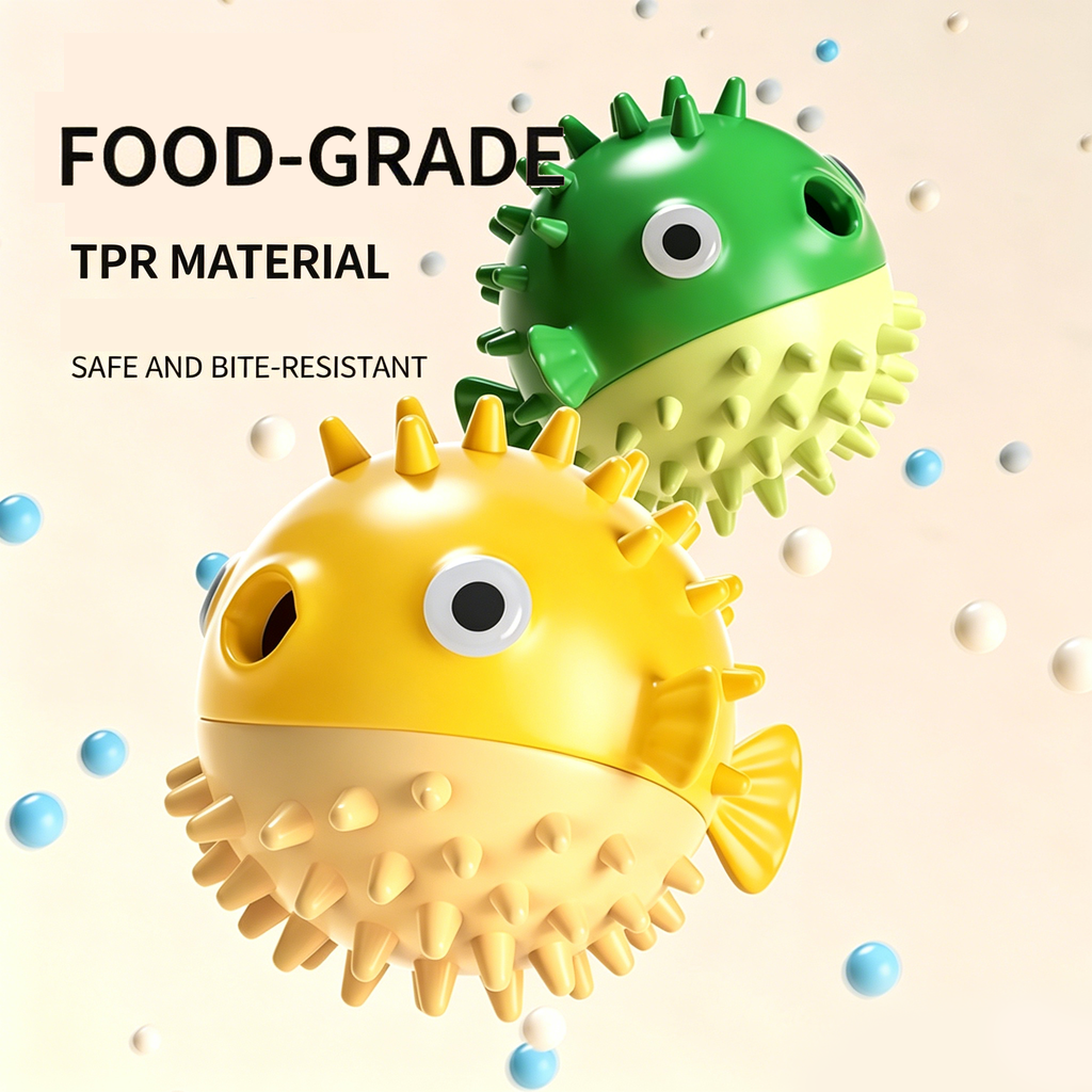 Bouncy Fish Dog Treat Dispenser Toy, Food‑Safe TPR Squeaky Chew Toy, Durable Interactive Molar Toy for Puppies Medium Large Dogs