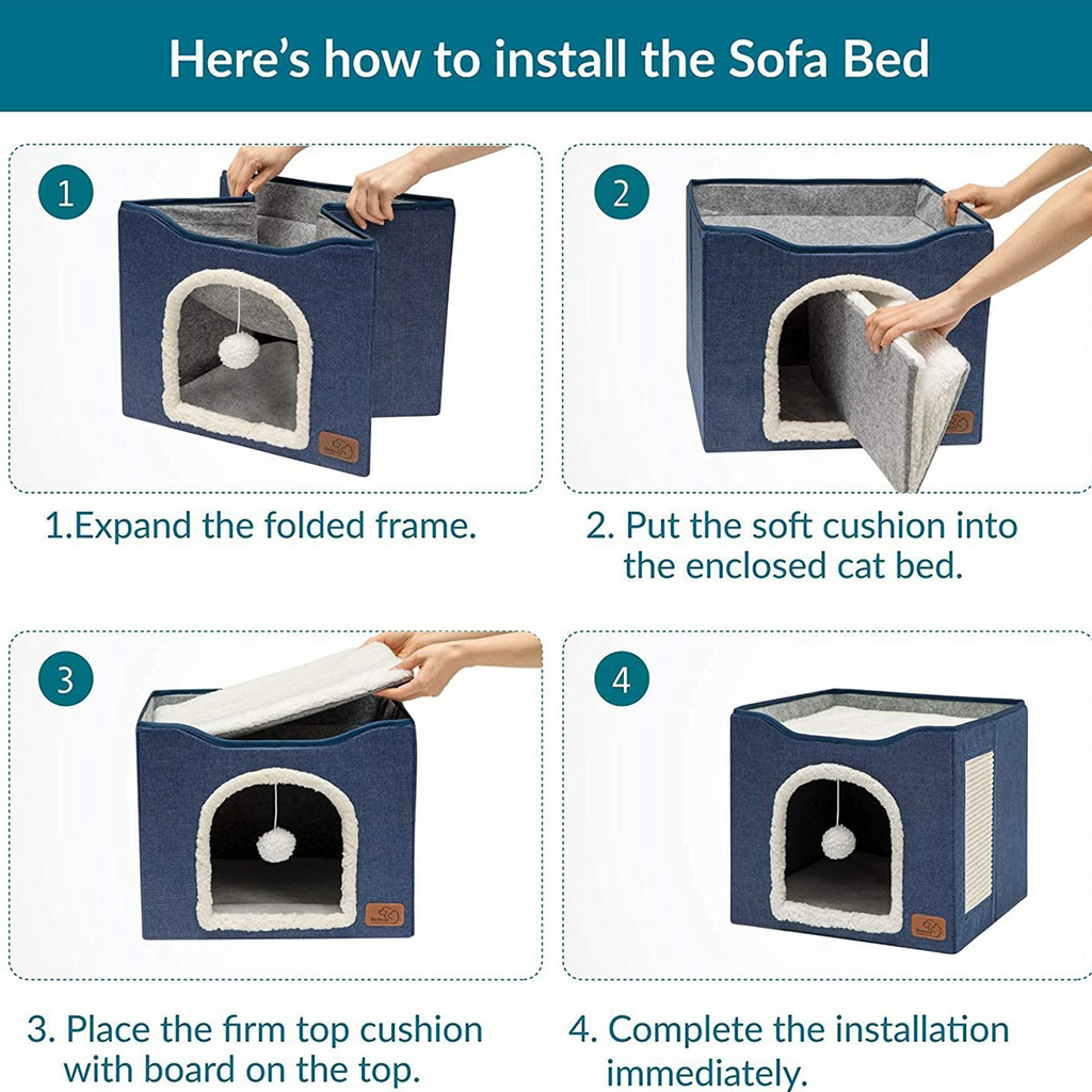 2‑Tier Foldable Cat House with Sisal Scratcher, Washable 2‑Story Cat Cube Bed, All‑Season Breathable Cat Condo
