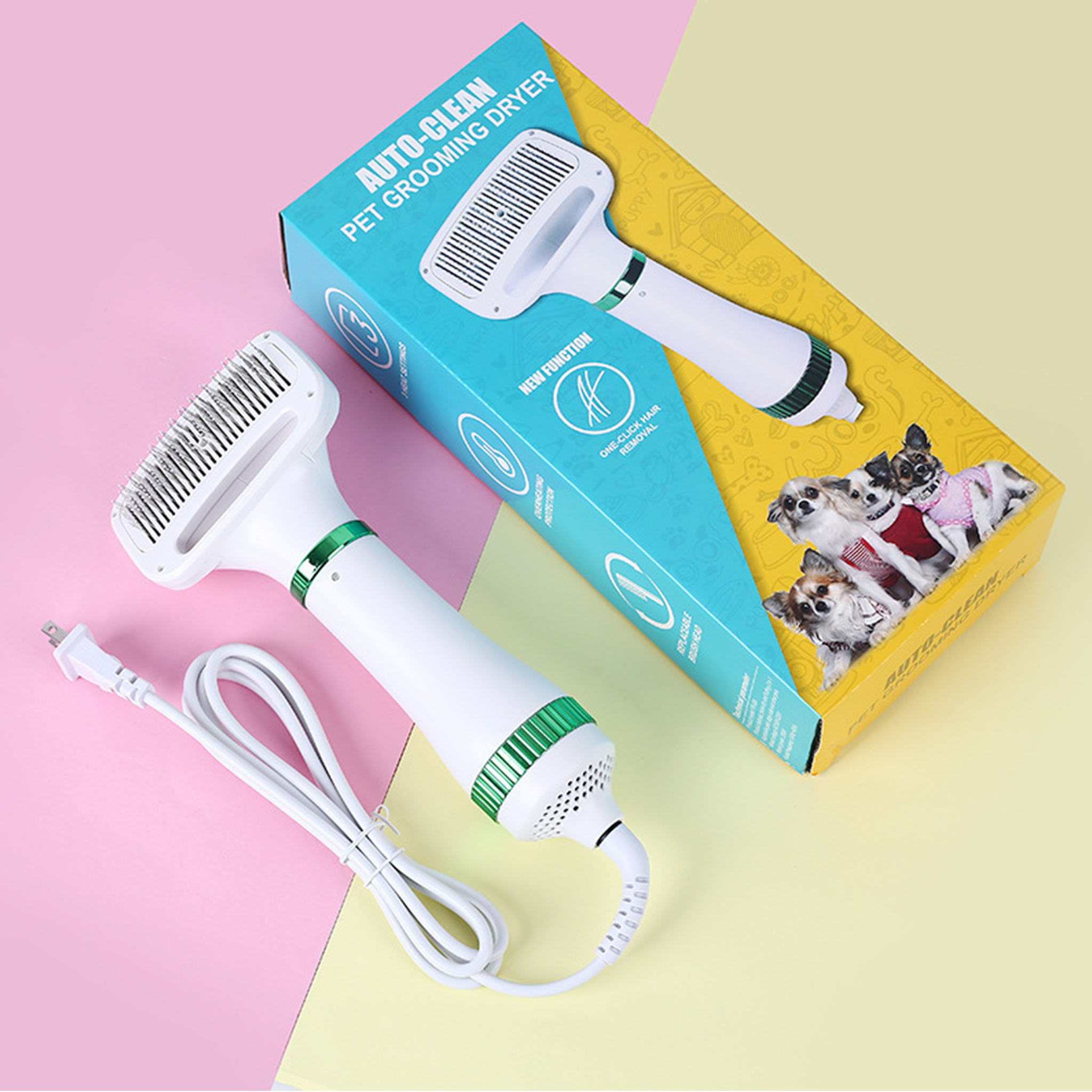 2‑in‑1 Pet Hair Dryer Brush, 300W Low‑Noise Hot Air Grooming Comb, 3 Speed Adjustable, Detangling & Drying Brush for Dogs & Cats, 110‑230V Multi‑Plug