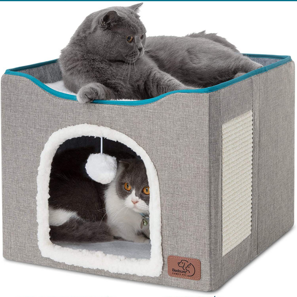 2‑Tier Foldable Cat House with Sisal Scratcher, Washable 2‑Story Cat Cube Bed, All‑Season Breathable Cat Condo