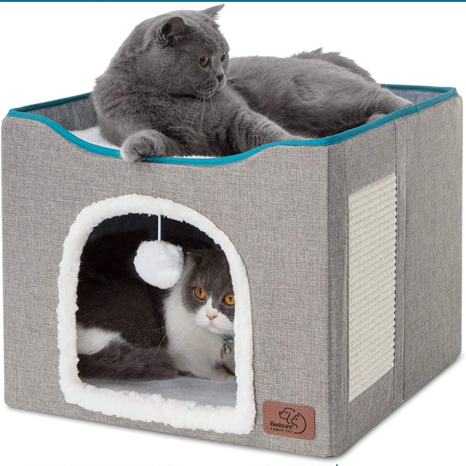 2‑Tier Foldable Cat House with Sisal Scratcher, Washable 2‑Story Cat Cube Bed, All‑Season Breathable Cat Condo