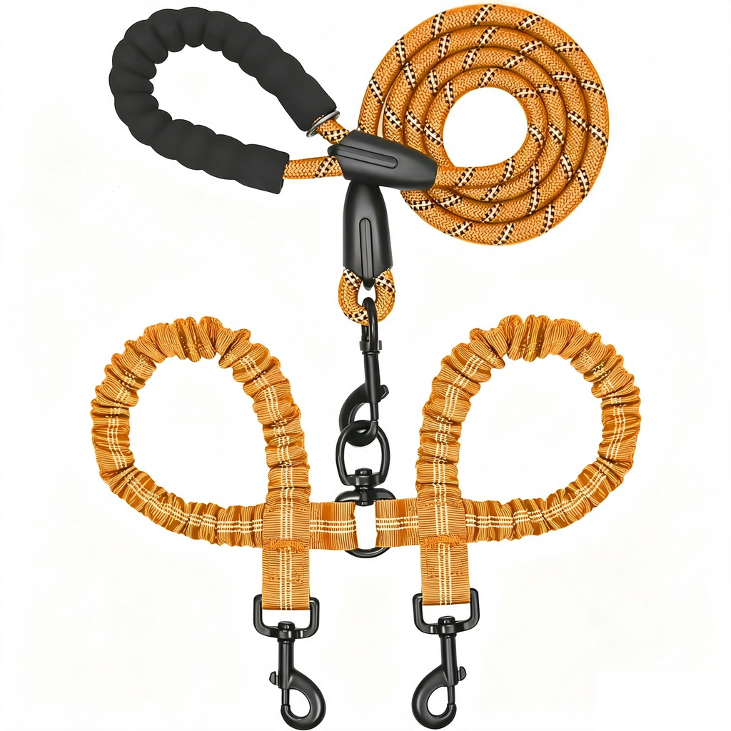 Y-Shaped Dual Dog Leash | Shock Absorbing Reflective Two Dog Walking Leash with 360° No Tangle Swivel & Padded Handle