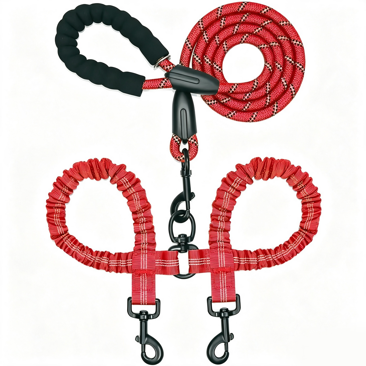Y-Shaped Dual Dog Leash | Shock Absorbing Reflective Two Dog Walking Leash with 360° No Tangle Swivel & Padded Handle