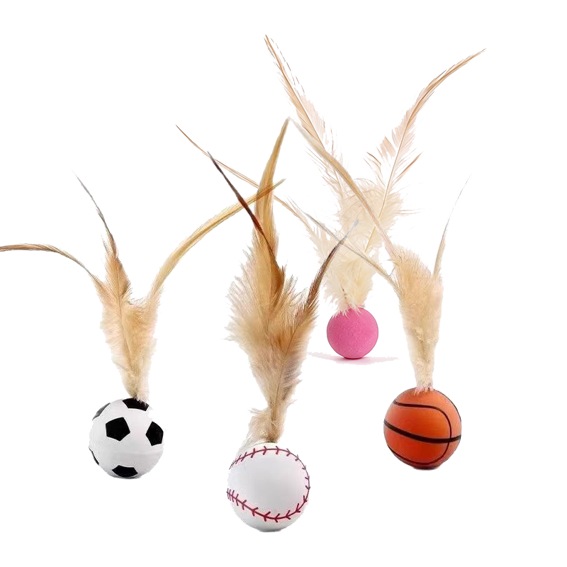 Sports‑Style Feather Bouncy Ball Cat Toy 4‑Pack｜Silent Interactive Kitten Play Teaser Toy