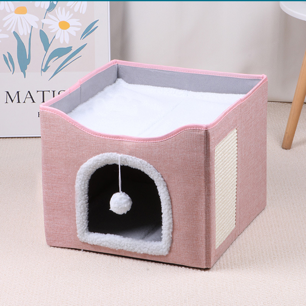 2‑Tier Foldable Cat House with Sisal Scratcher, Washable 2‑Story Cat Cube Bed, All‑Season Breathable Cat Condo