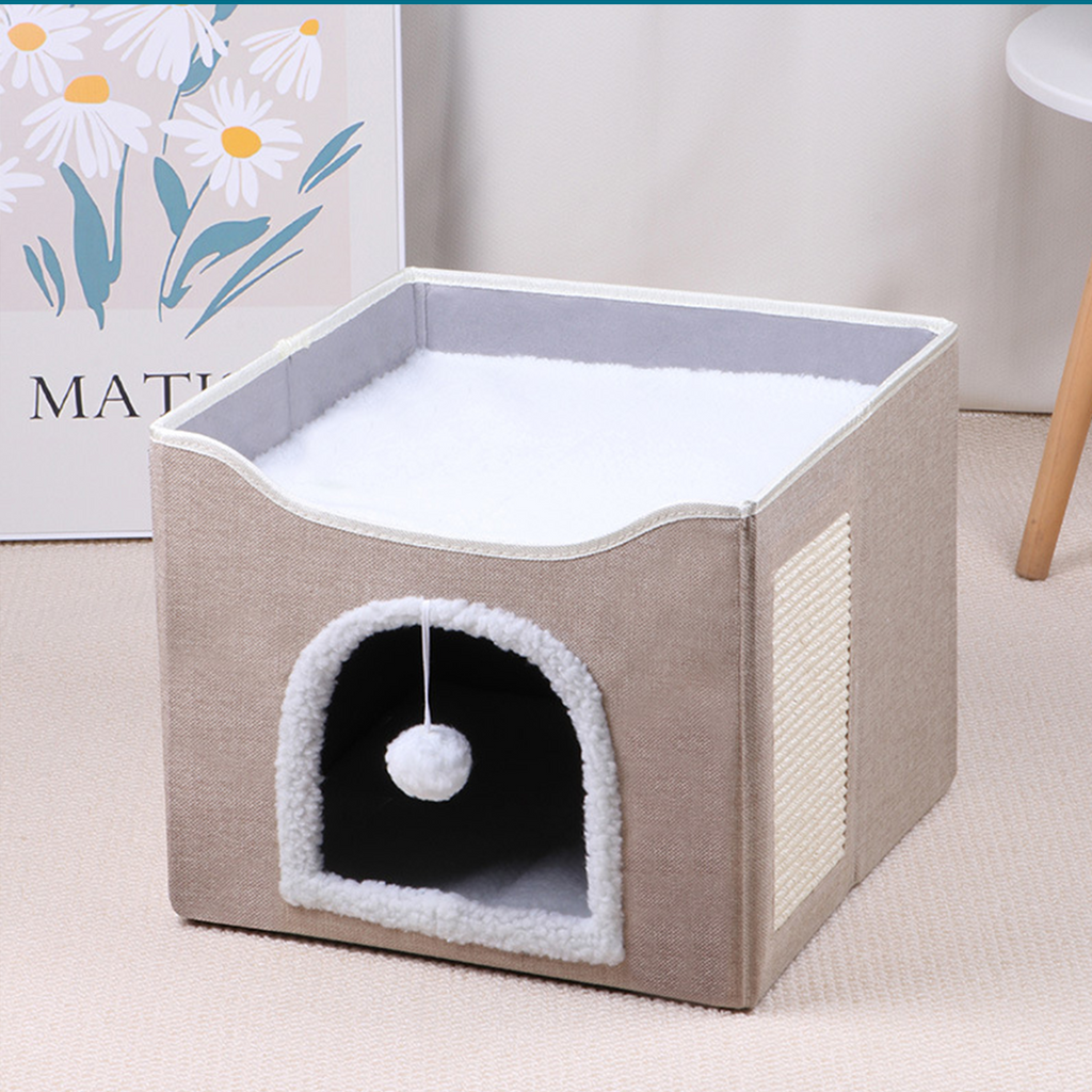 2‑Tier Foldable Cat House with Sisal Scratcher, Washable 2‑Story Cat Cube Bed, All‑Season Breathable Cat Condo