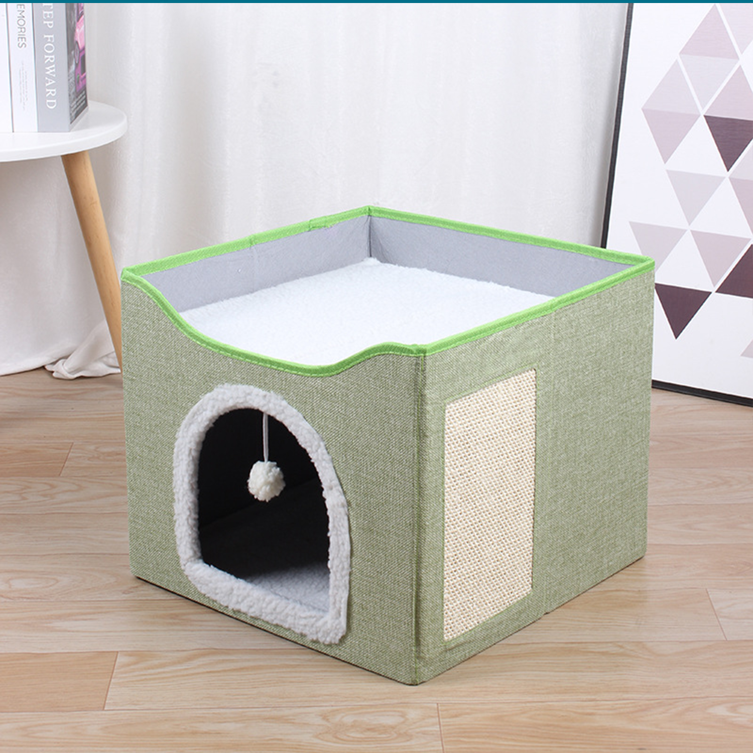 2‑Tier Foldable Cat House with Sisal Scratcher, Washable 2‑Story Cat Cube Bed, All‑Season Breathable Cat Condo