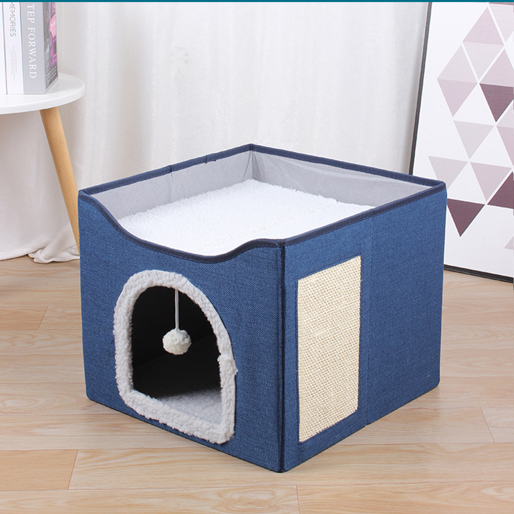 2‑Tier Foldable Cat House with Sisal Scratcher, Washable 2‑Story Cat Cube Bed, All‑Season Breathable Cat Condo