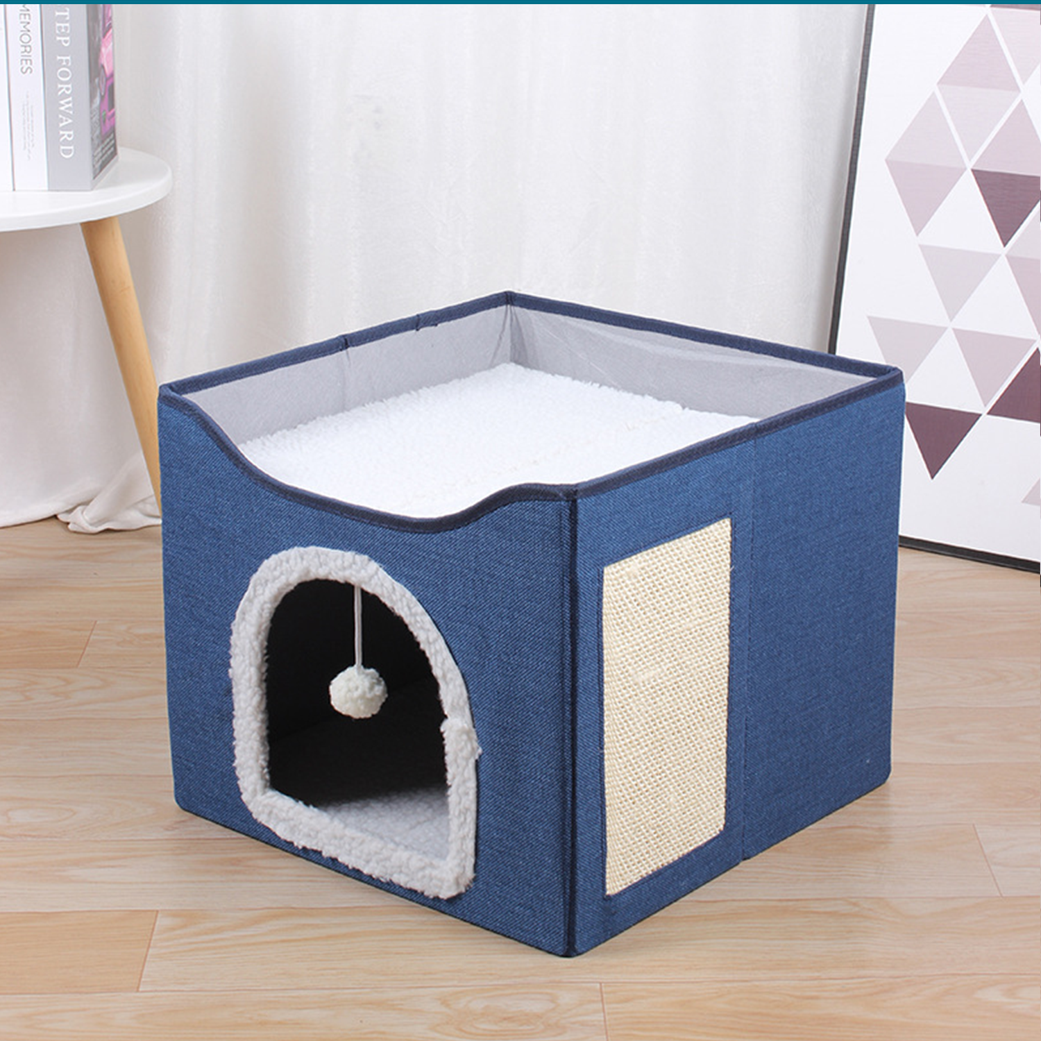 2‑Tier Foldable Cat House with Sisal Scratcher, Washable 2‑Story Cat Cube Bed, All‑Season Breathable Cat Condo