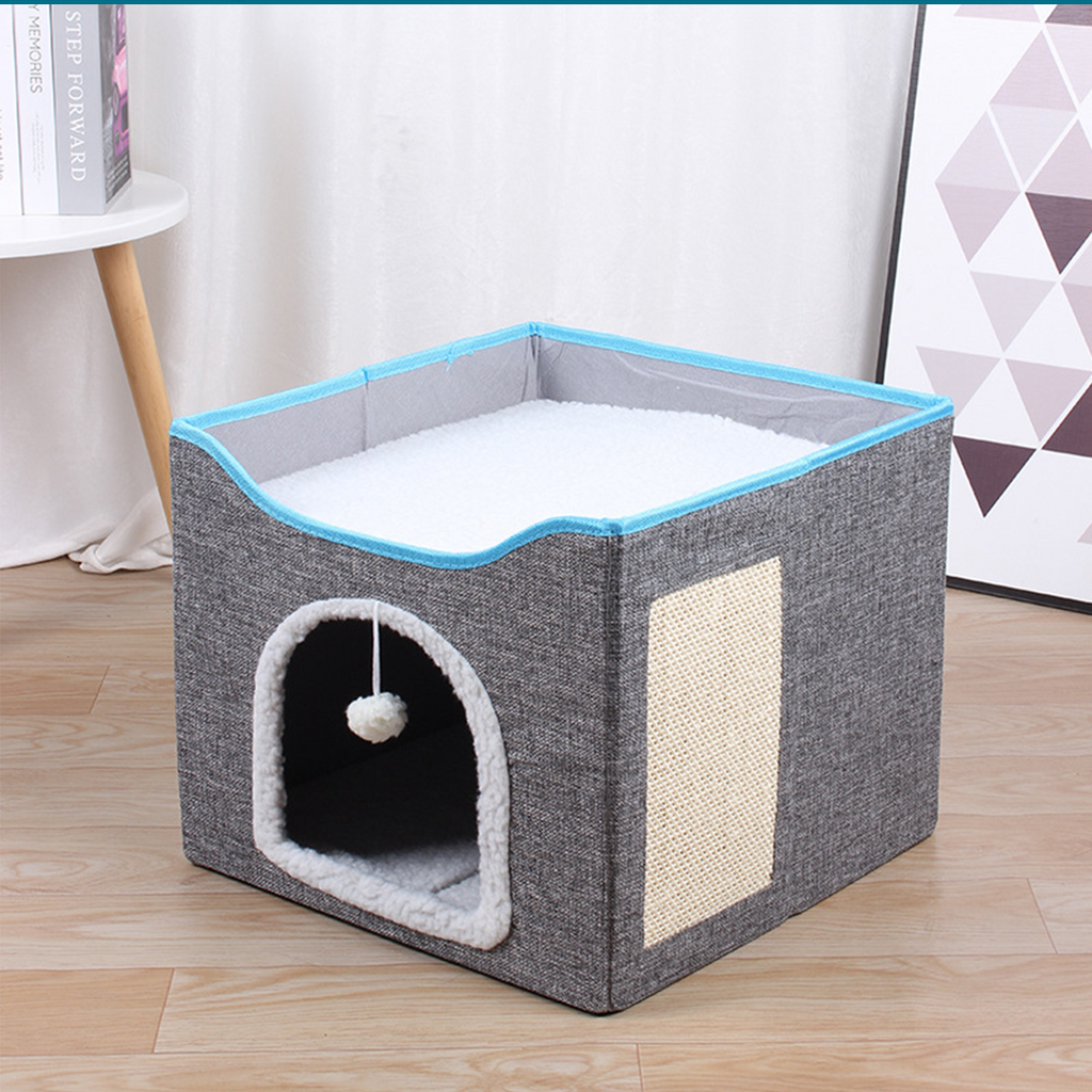 2‑Tier Foldable Cat House with Sisal Scratcher, Washable 2‑Story Cat Cube Bed, All‑Season Breathable Cat Condo