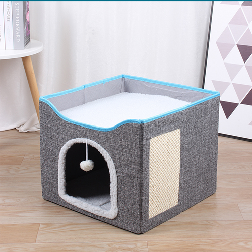 2‑Tier Foldable Cat House with Sisal Scratcher, Washable 2‑Story Cat Cube Bed, All‑Season Breathable Cat Condo