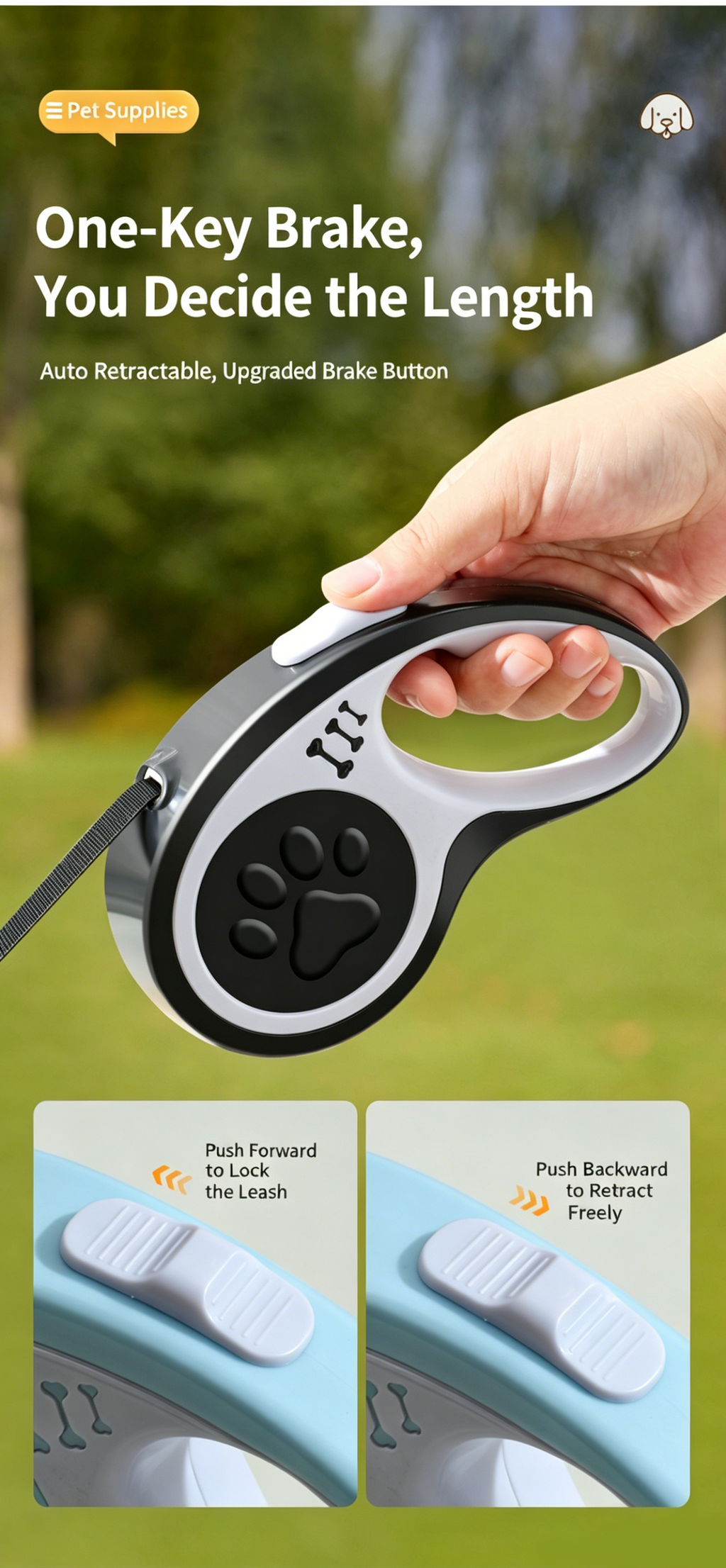 Retractable Dog Leash 16FT, U‑Shaped Anti‑Tangle Design, Heavy‑Duty Walking Leash with Alloy Hook for Small & Medium Dogs