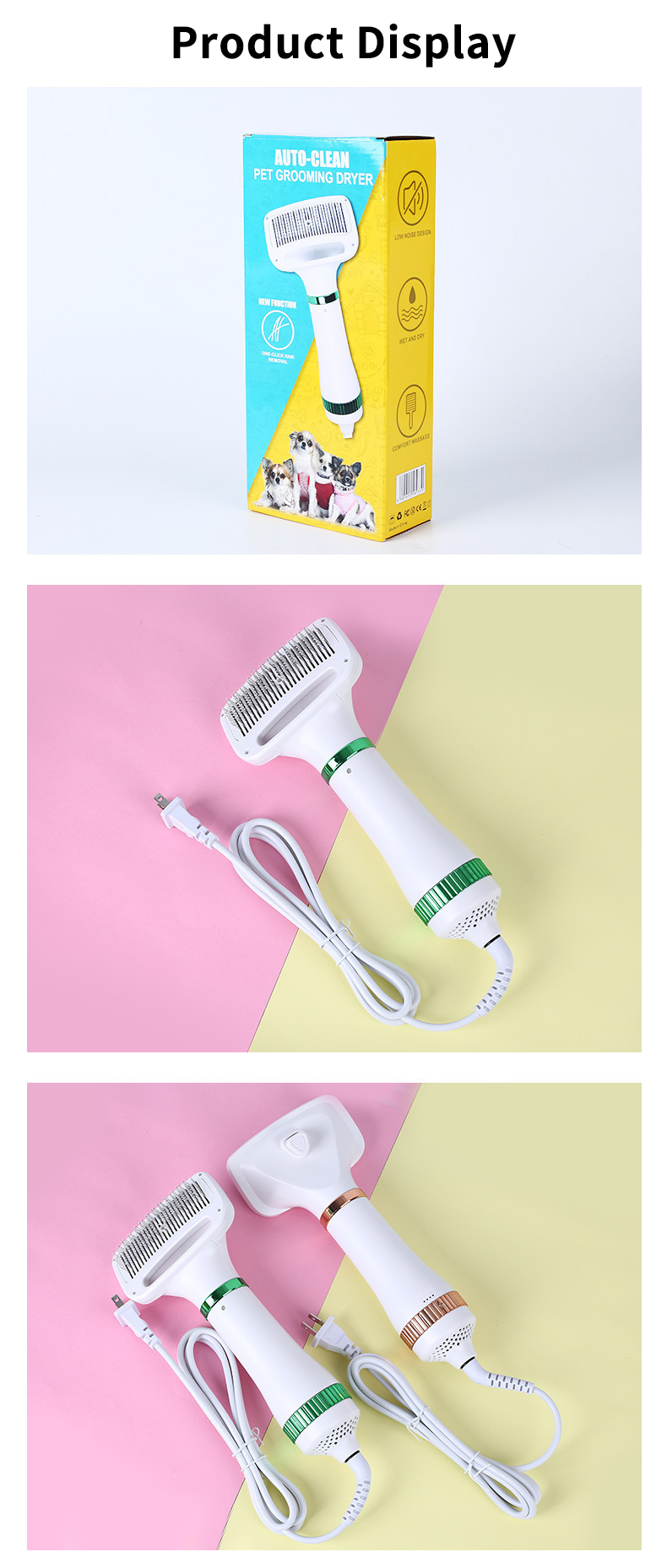2‑in‑1 Pet Hair Dryer Brush, 300W Low‑Noise Hot Air Grooming Comb, 3 Speed Adjustable, Detangling & Drying Brush for Dogs & Cats, 110‑230V Multi‑Plug