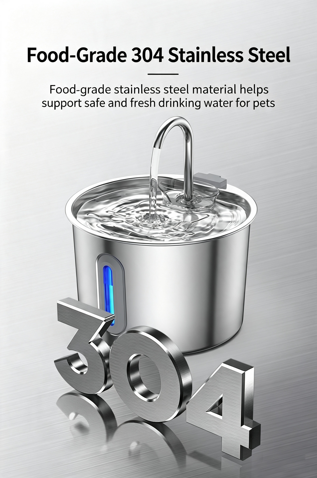 2L Pet Water Fountain, 304 Stainless Steel Automatic Water Dispenser for Cats & Dogs, Quiet Circulating Water Fountain with Bonus Filter Replacements 