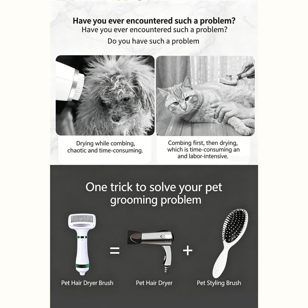 2‑in‑1 Pet Hair Dryer Brush, 300W Low‑Noise Hot Air Grooming Comb, 3 Speed Adjustable, Detangling & Drying Brush for Dogs & Cats, 110‑230V Multi‑Plug