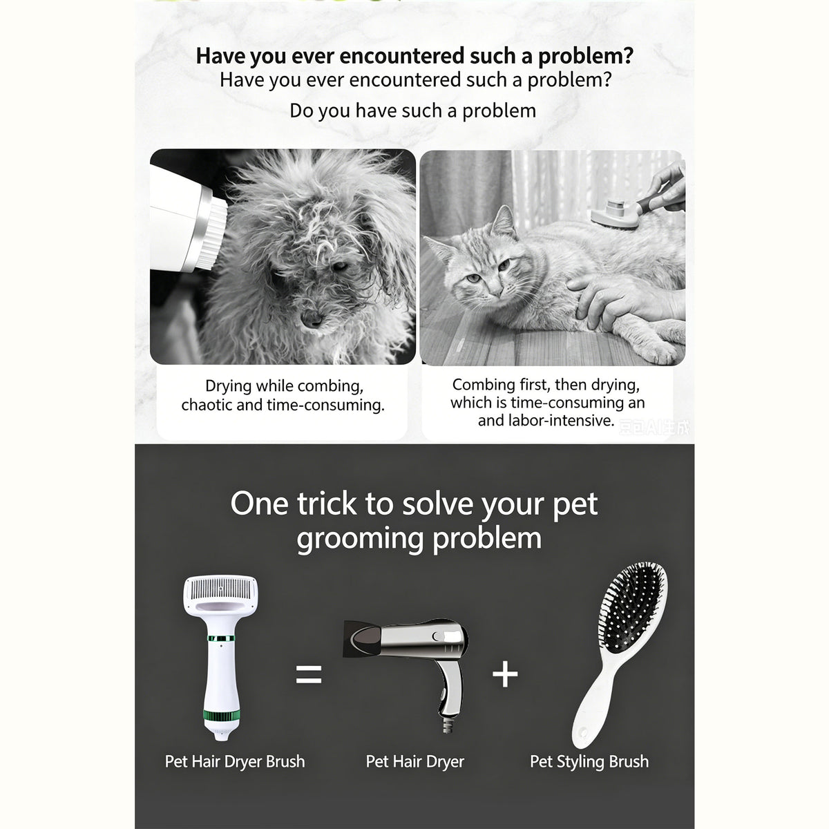 2‑in‑1 Pet Hair Dryer Brush, 300W Low‑Noise Hot Air Grooming Comb, 3 Speed Adjustable, Detangling & Drying Brush for Dogs & Cats, 110‑230V Multi‑Plug