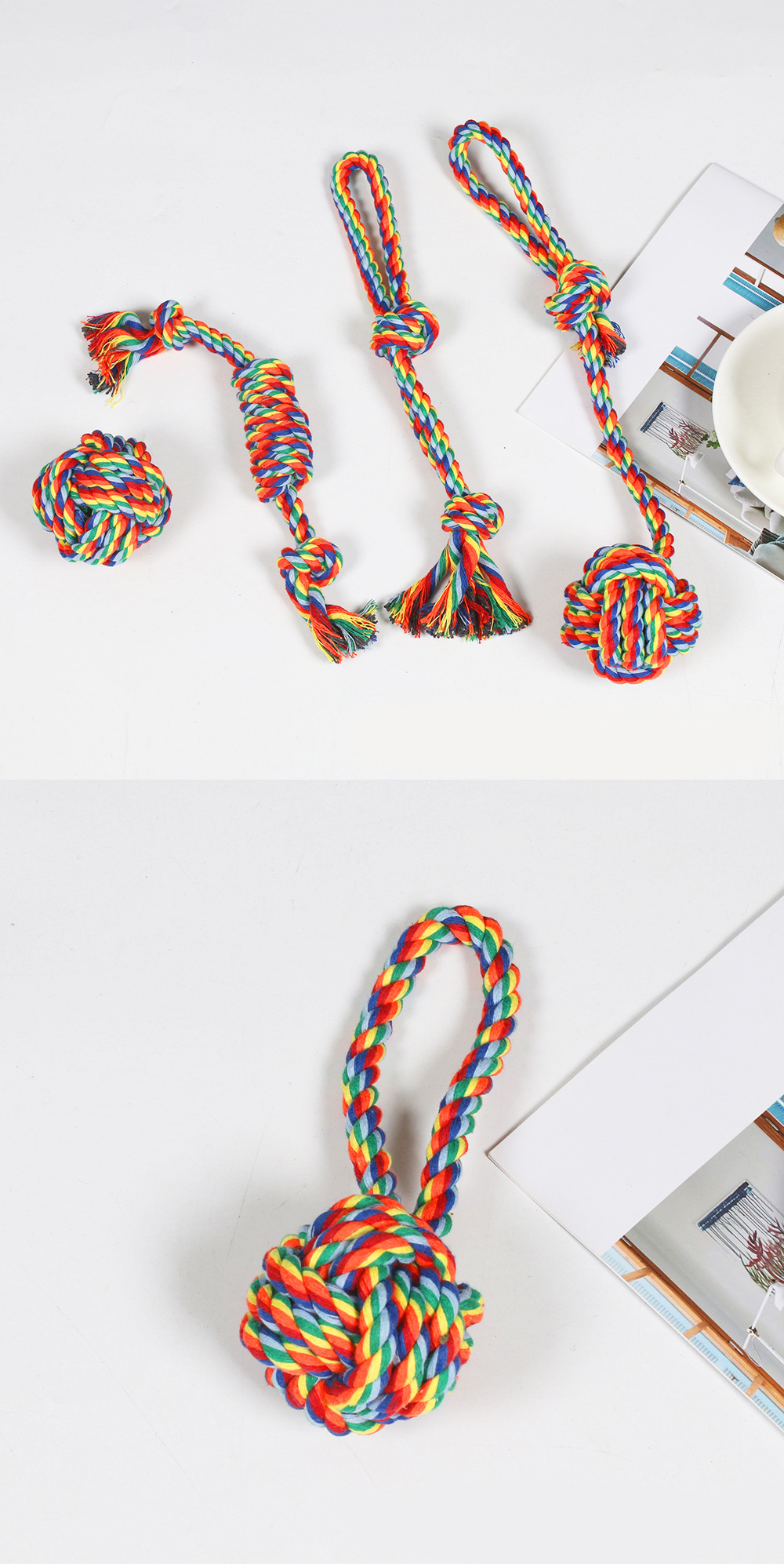 Rainbow Braided Cotton Rope Dog Chew Toy Sets, Multi Shape Interactive Play Toys for All Breeds Dogs