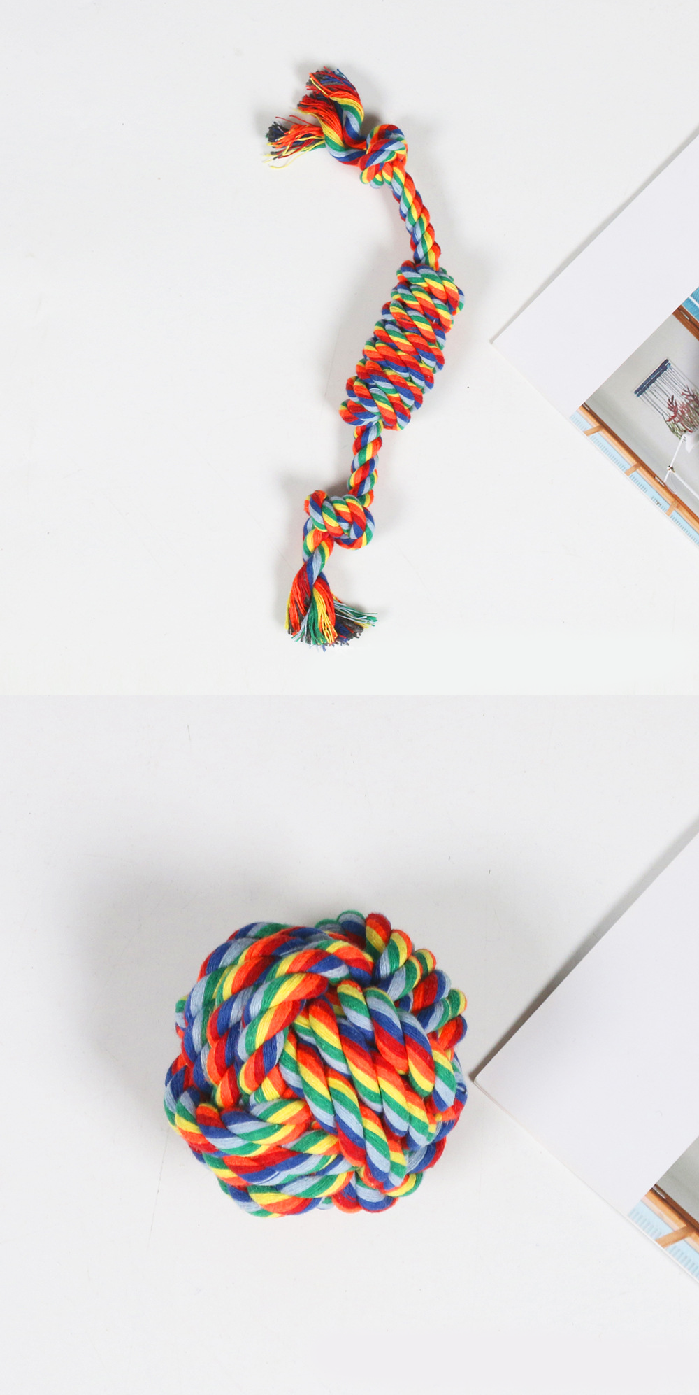 Rainbow Braided Cotton Rope Dog Chew Toy Sets, Multi Shape Interactive Play Toys for All Breeds Dogs