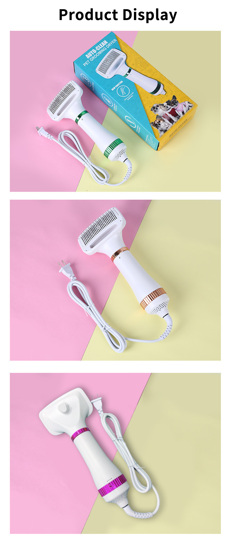 2‑in‑1 Pet Hair Dryer Brush, 300W Low‑Noise Hot Air Grooming Comb, 3 Speed Adjustable, Detangling & Drying Brush for Dogs & Cats, 110‑230V Multi‑Plug