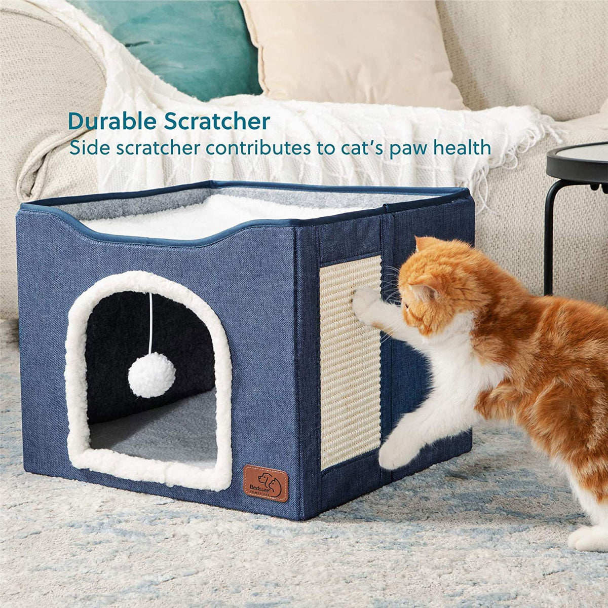 2‑Tier Foldable Cat House with Sisal Scratcher, Washable 2‑Story Cat Cube Bed, All‑Season Breathable Cat Condo