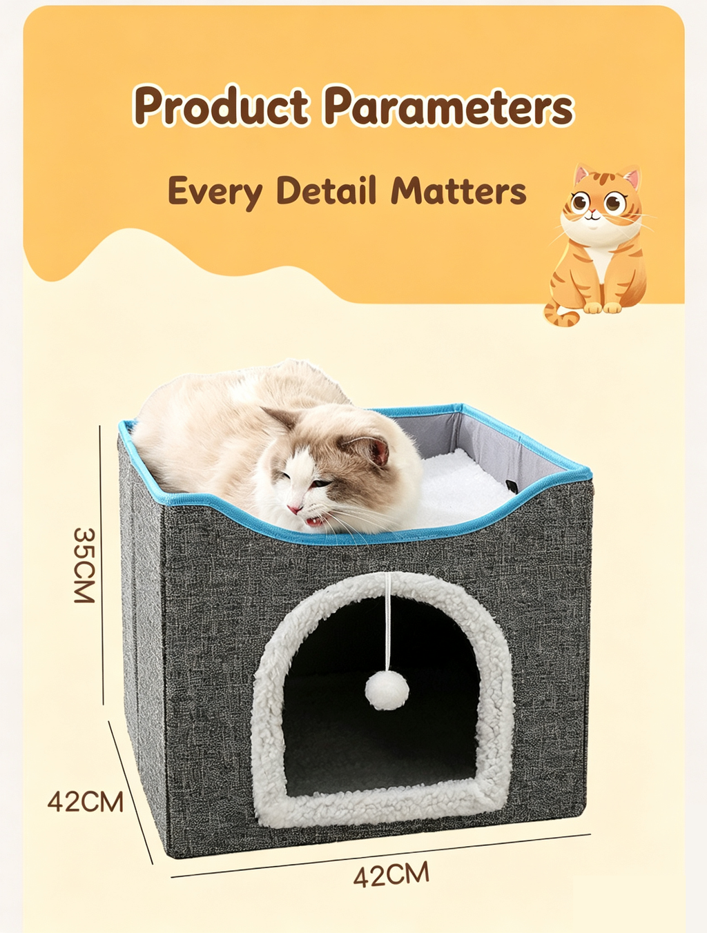 2‑Tier Foldable Cat House with Sisal Scratcher, Washable 2‑Story Cat Cube Bed, All‑Season Breathable Cat Condo