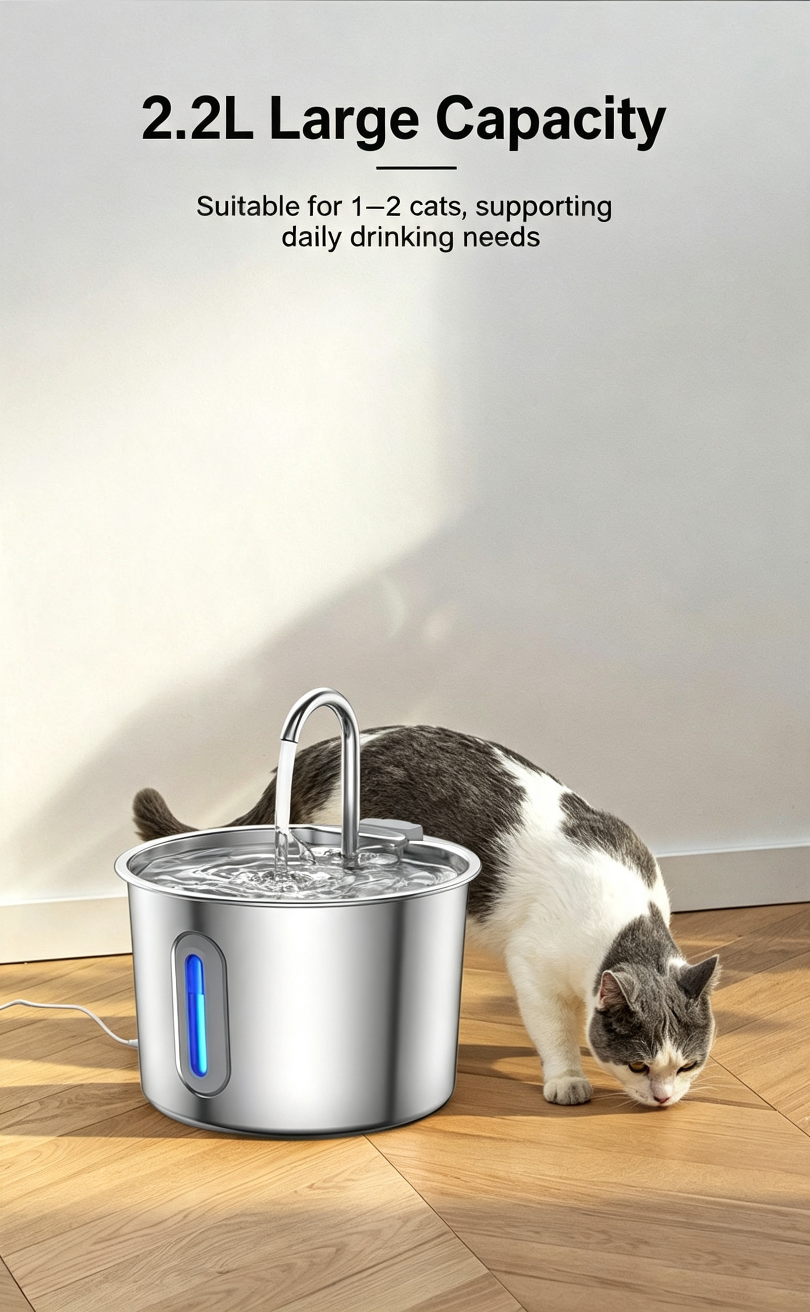 2L Pet Water Fountain, 304 Stainless Steel Automatic Water Dispenser for Cats & Dogs, Quiet Circulating Water Fountain with Bonus Filter Replacements 
