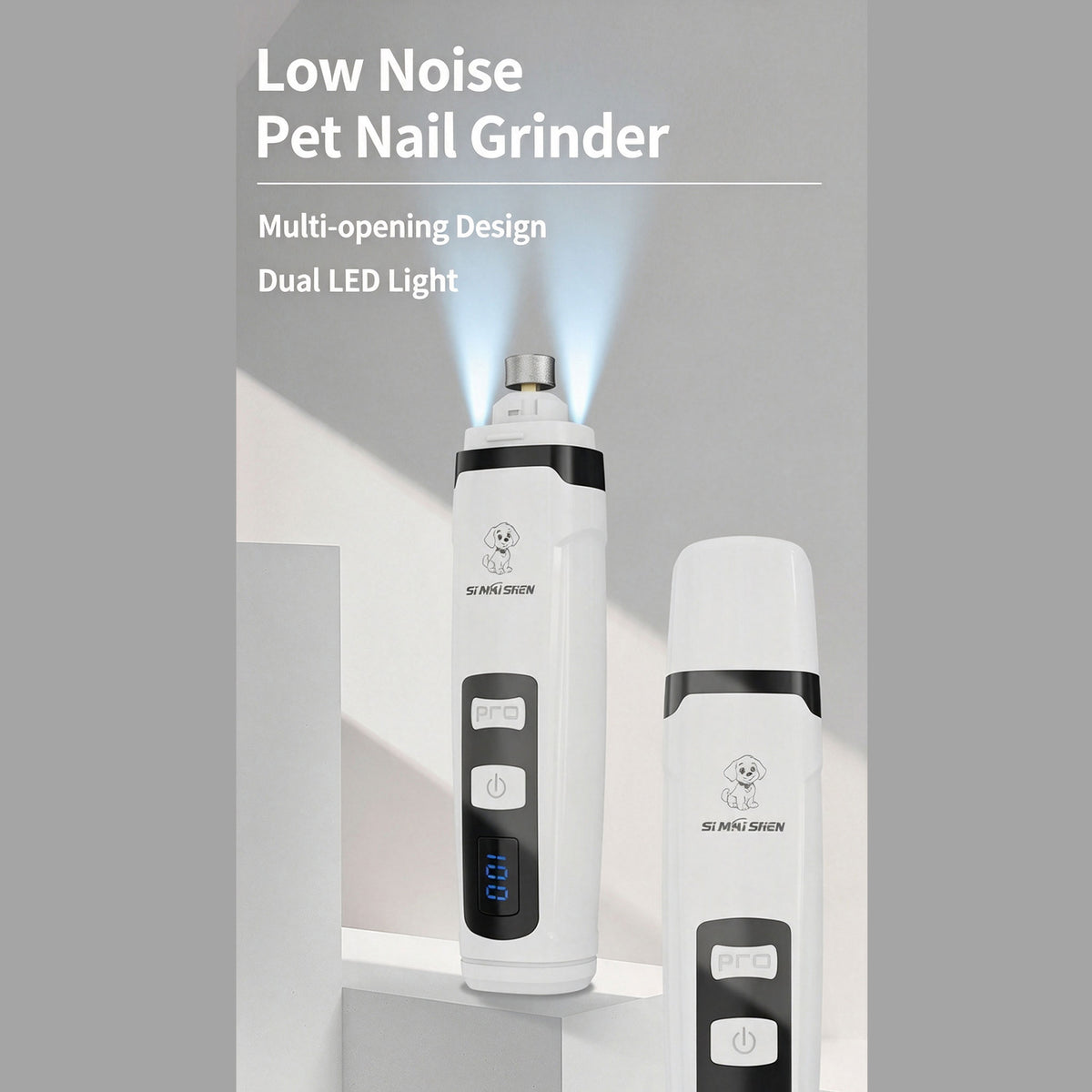 Rechargeable Electric Pet Nail Grinder, Low‑Vibration Quiet Nail Trimmer with Dual LED Lights, 2‑Speed for Dogs & Cats, Comes with 2 Extra Grinding Heads
