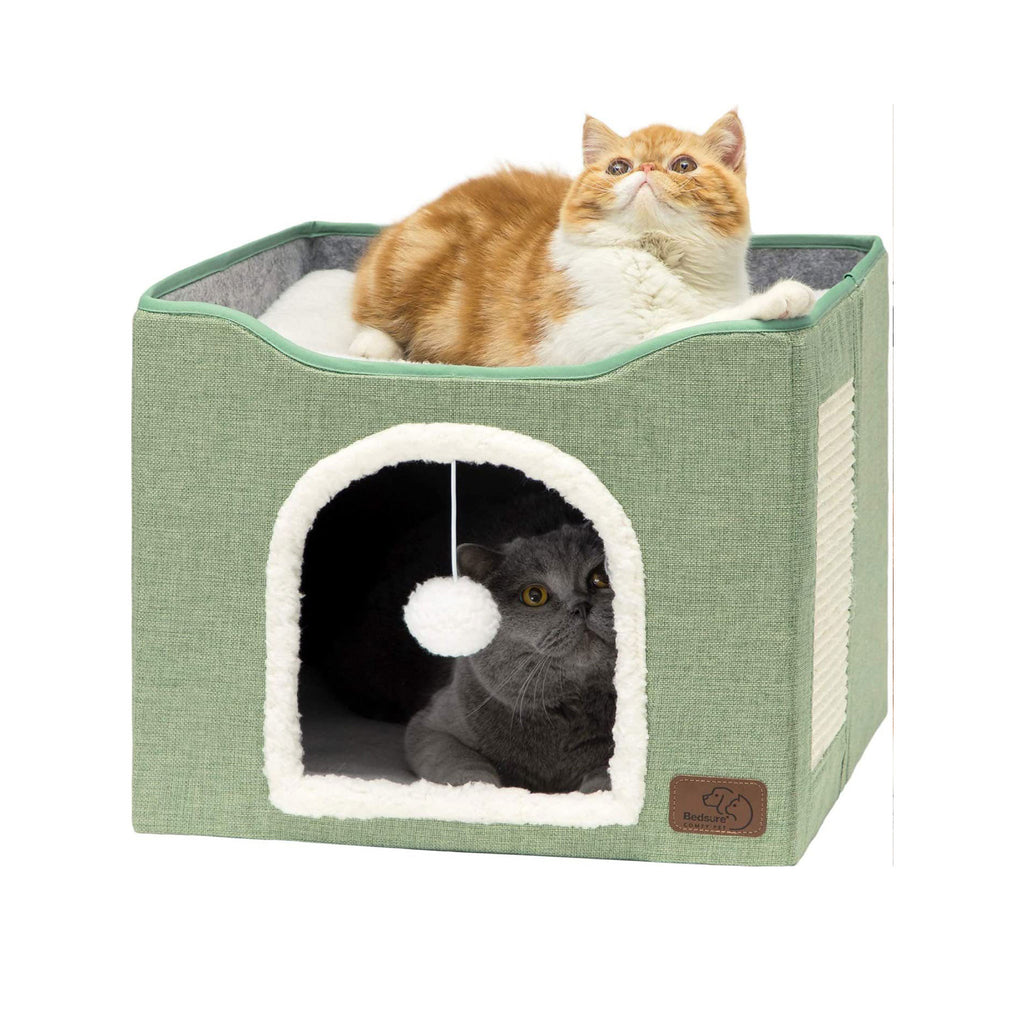 2‑Tier Foldable Cat House with Sisal Scratcher, Washable 2‑Story Cat Cube Bed, All‑Season Breathable Cat Condo
