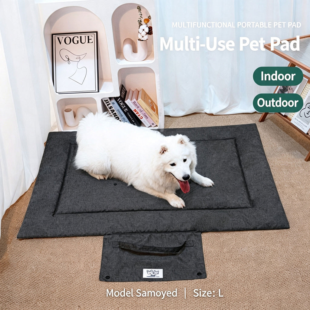 Portable Foldable Outdoor Pet Travel Mat, Reversible Scratch & Wear‑Resistant Water‑Repellent Sleeping Pad for Dogs & Cats, With Carry Handle, Denim Blue & Dark Grey, S/M/L Sizes