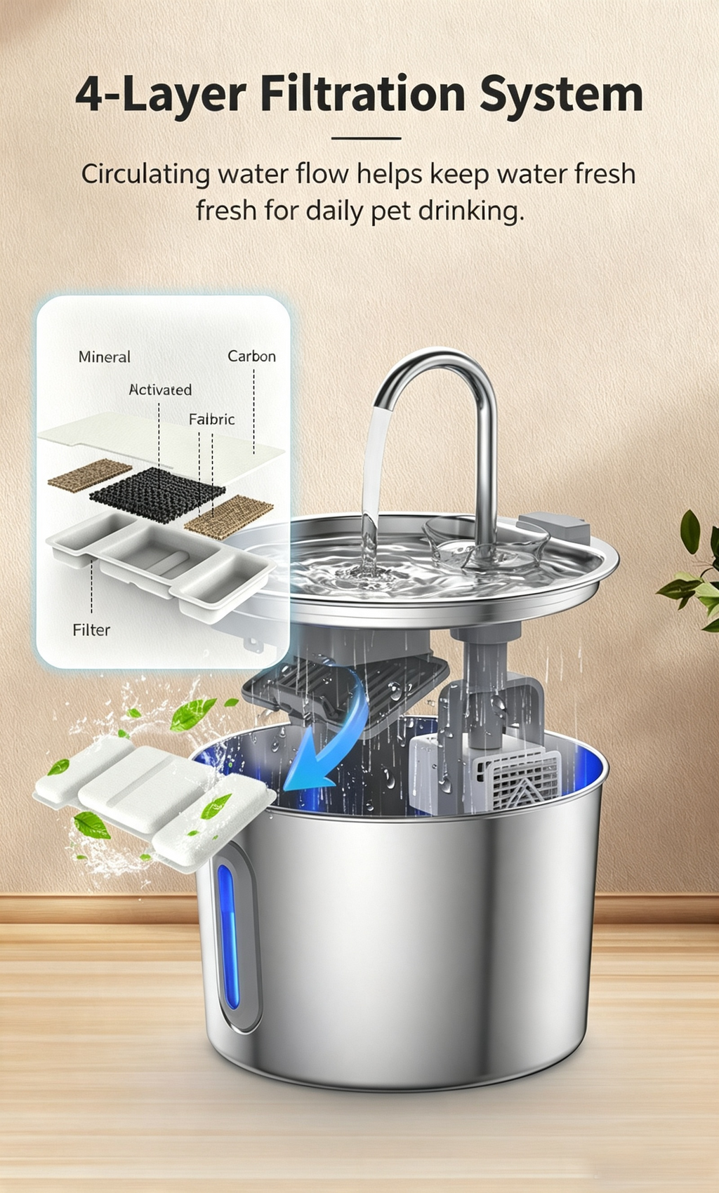 2L Pet Water Fountain, 304 Stainless Steel Automatic Water Dispenser for Cats & Dogs, Quiet Circulating Water Fountain with Bonus Filter Replacements 