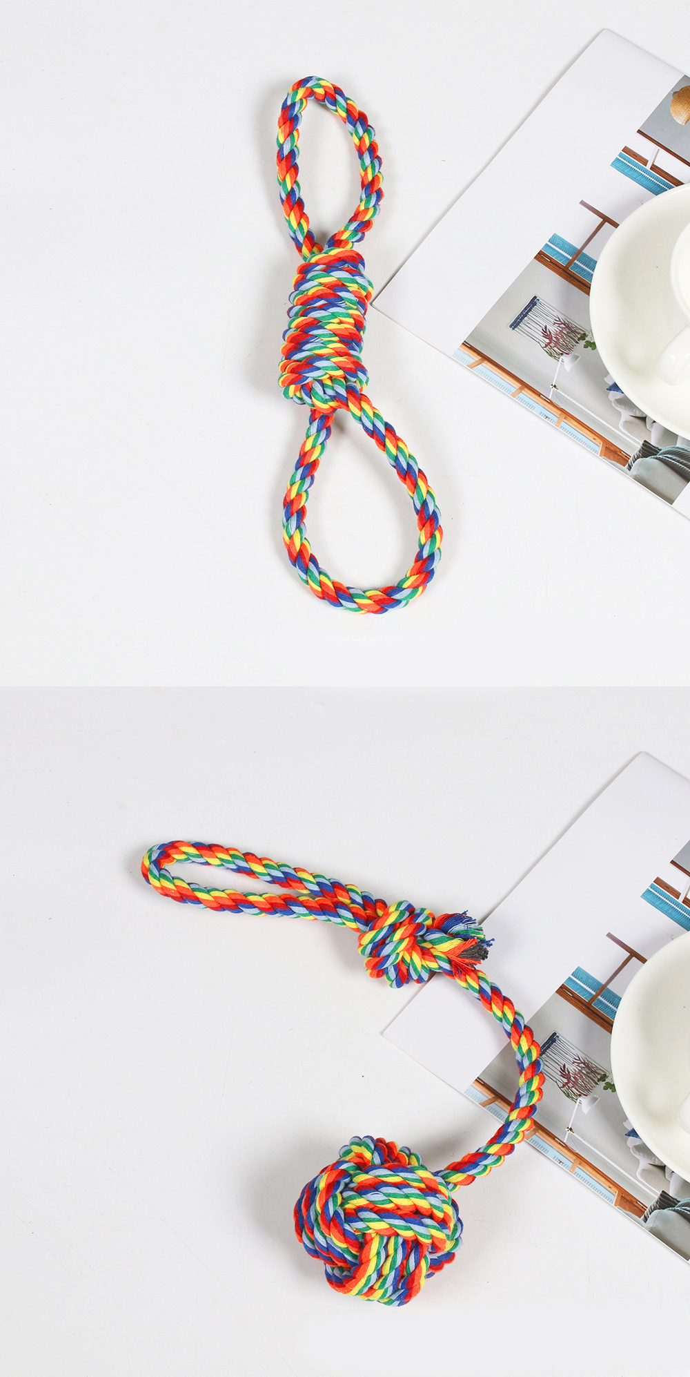 Rainbow Braided Cotton Rope Dog Chew Toy Sets, Multi Shape Interactive Play Toys for All Breeds Dogs