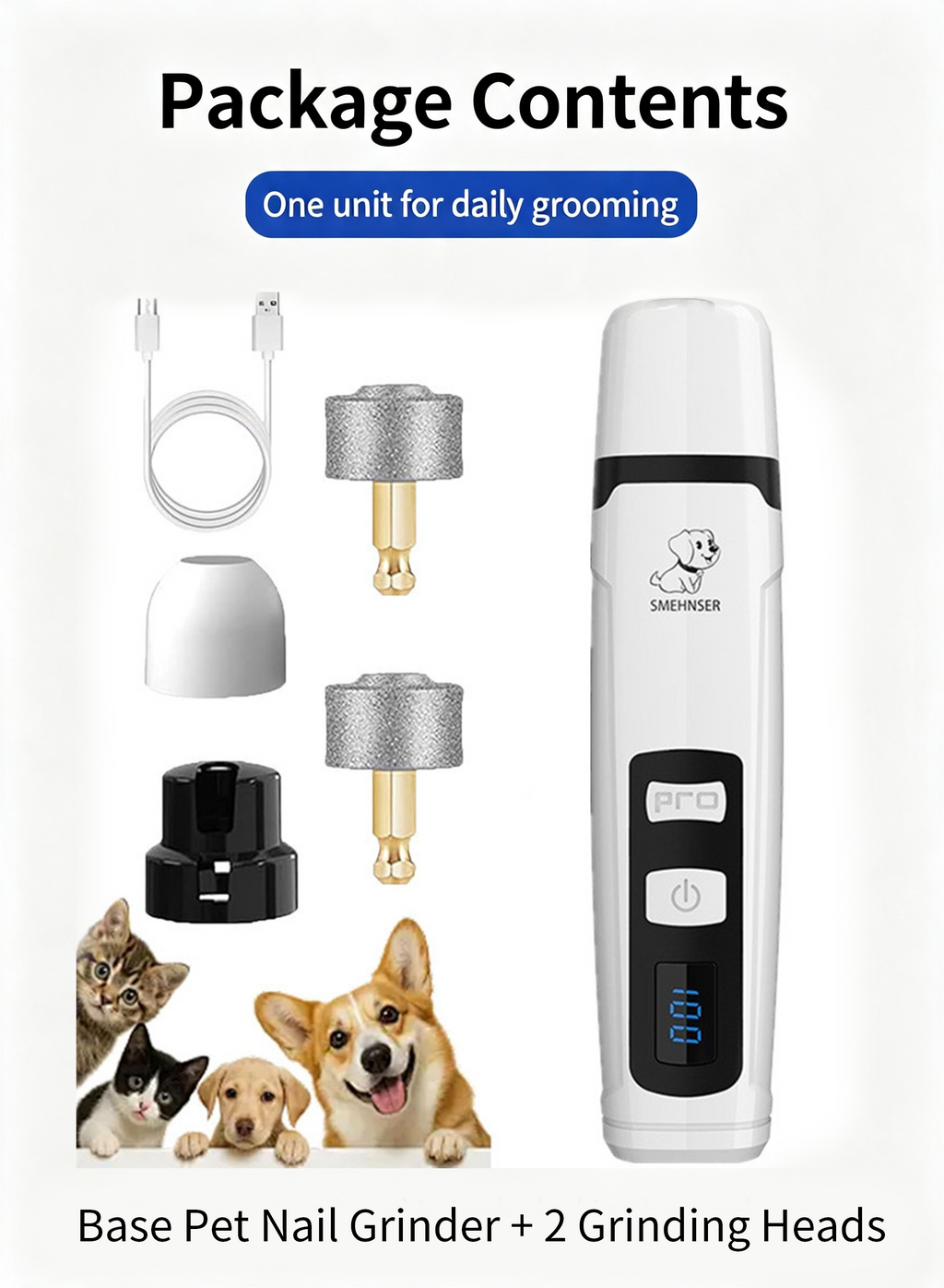 Rechargeable Electric Pet Nail Grinder, Low‑Vibration Quiet Nail Trimmer with Dual LED Lights, 2‑Speed for Dogs & Cats, Comes with 2 Extra Grinding Heads