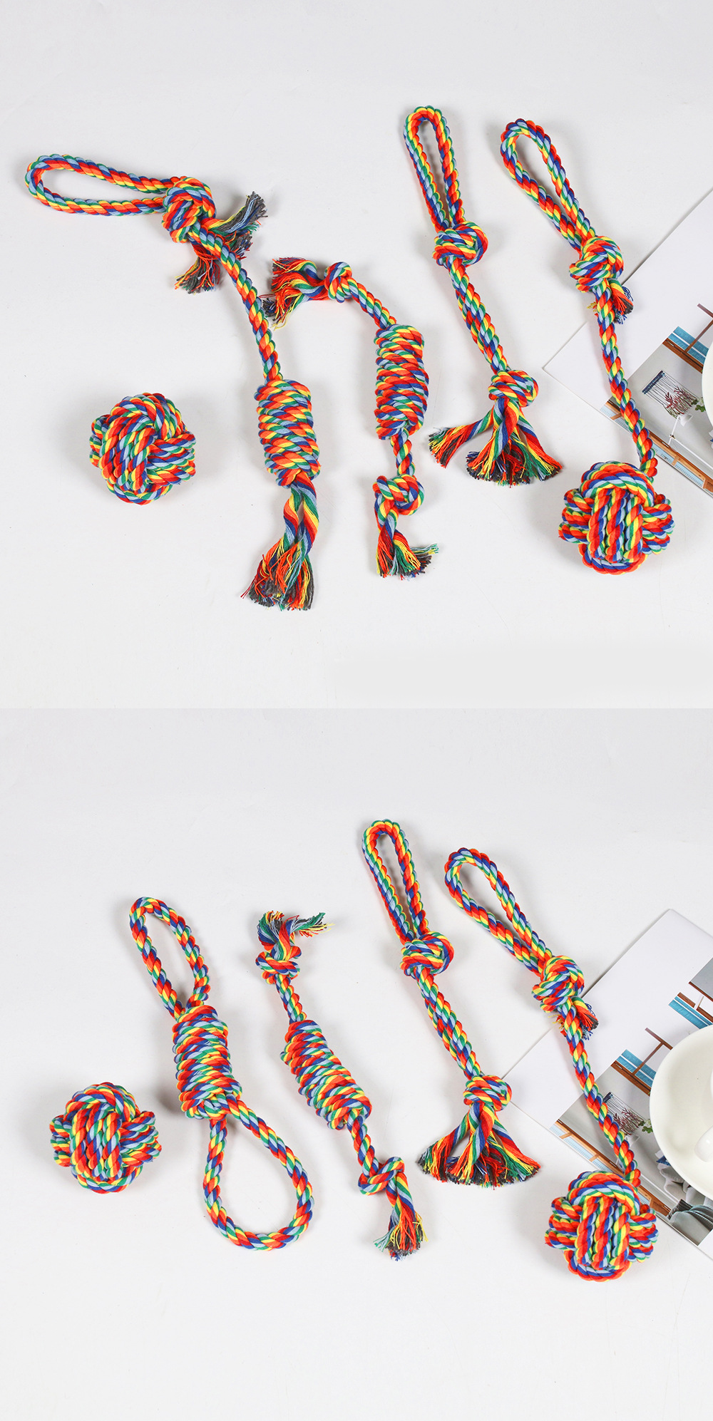 Rainbow Braided Cotton Rope Dog Chew Toy Sets, Multi Shape Interactive Play Toys for All Breeds Dogs
